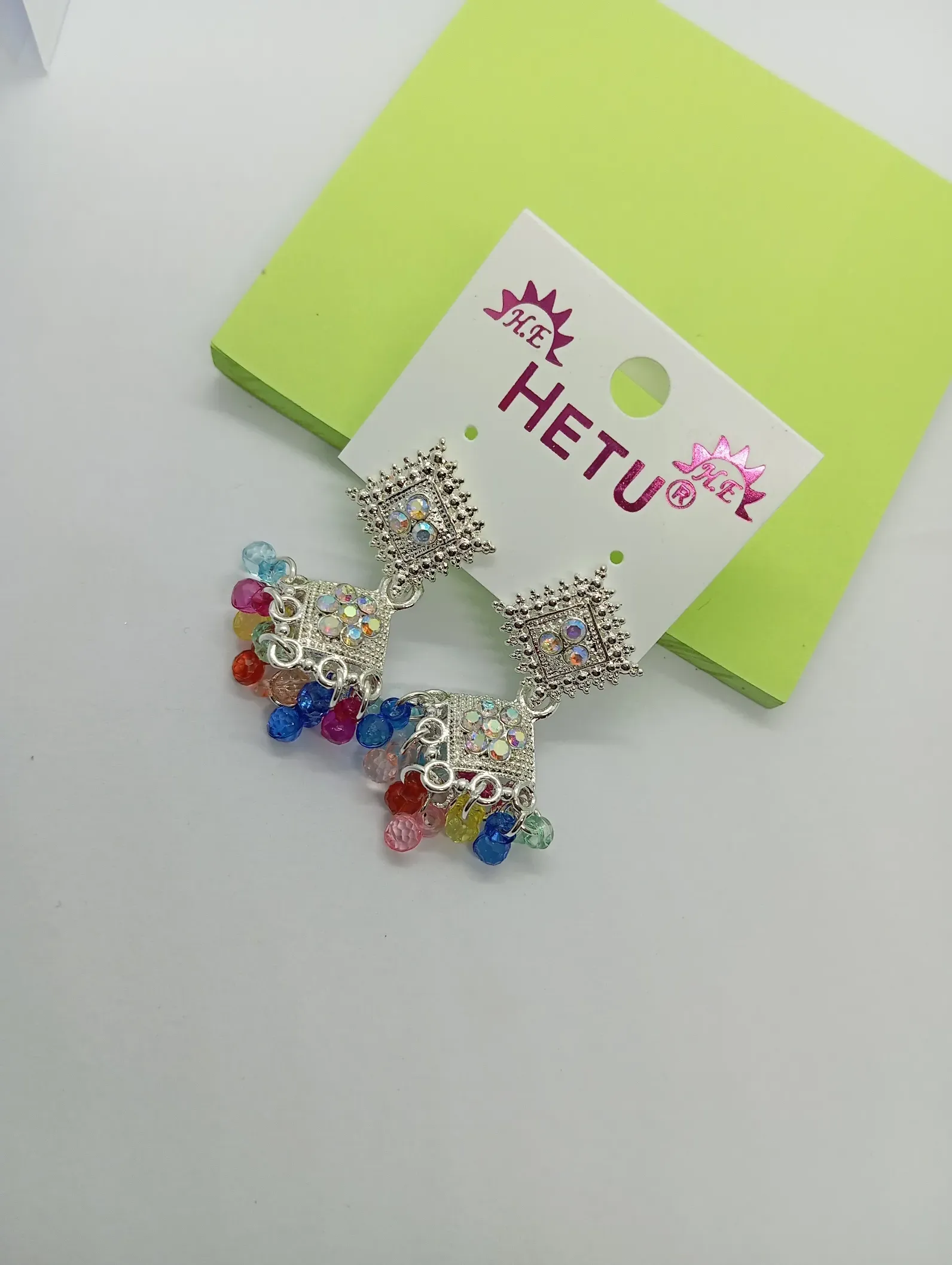 Silver Diamond-Top Earrings – Sparkling Stud with Multicolor Bead Danglers