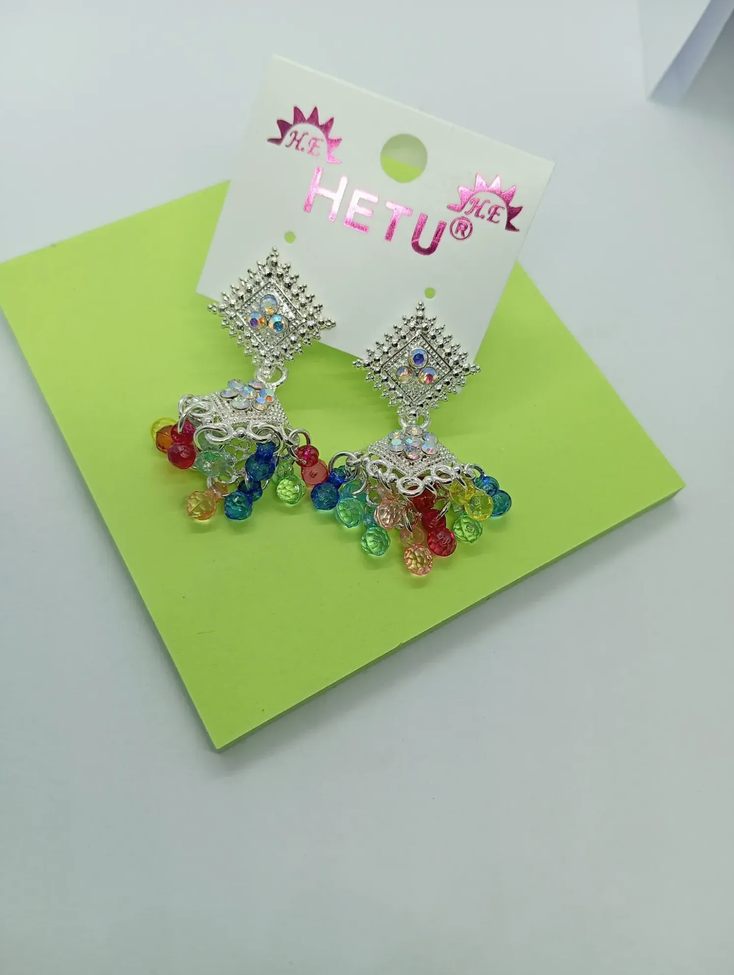Silver Diamond-Top Earrings – Sparkling Stud with Multicolor Bead Danglers