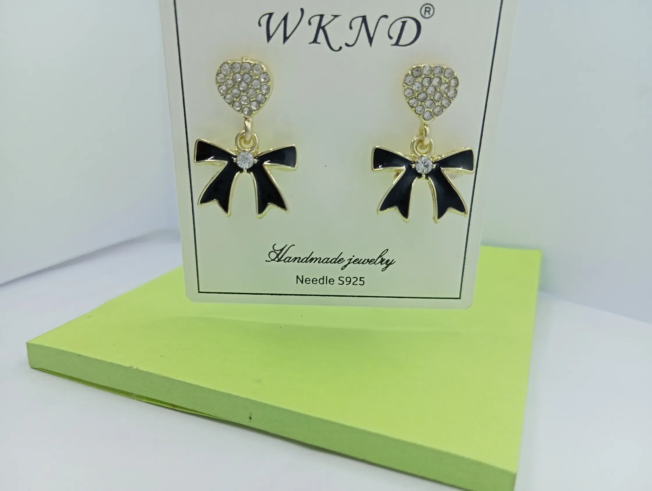 legant Black Bow Stud Earrings with Crystal Center – Handmade Jewelry S925