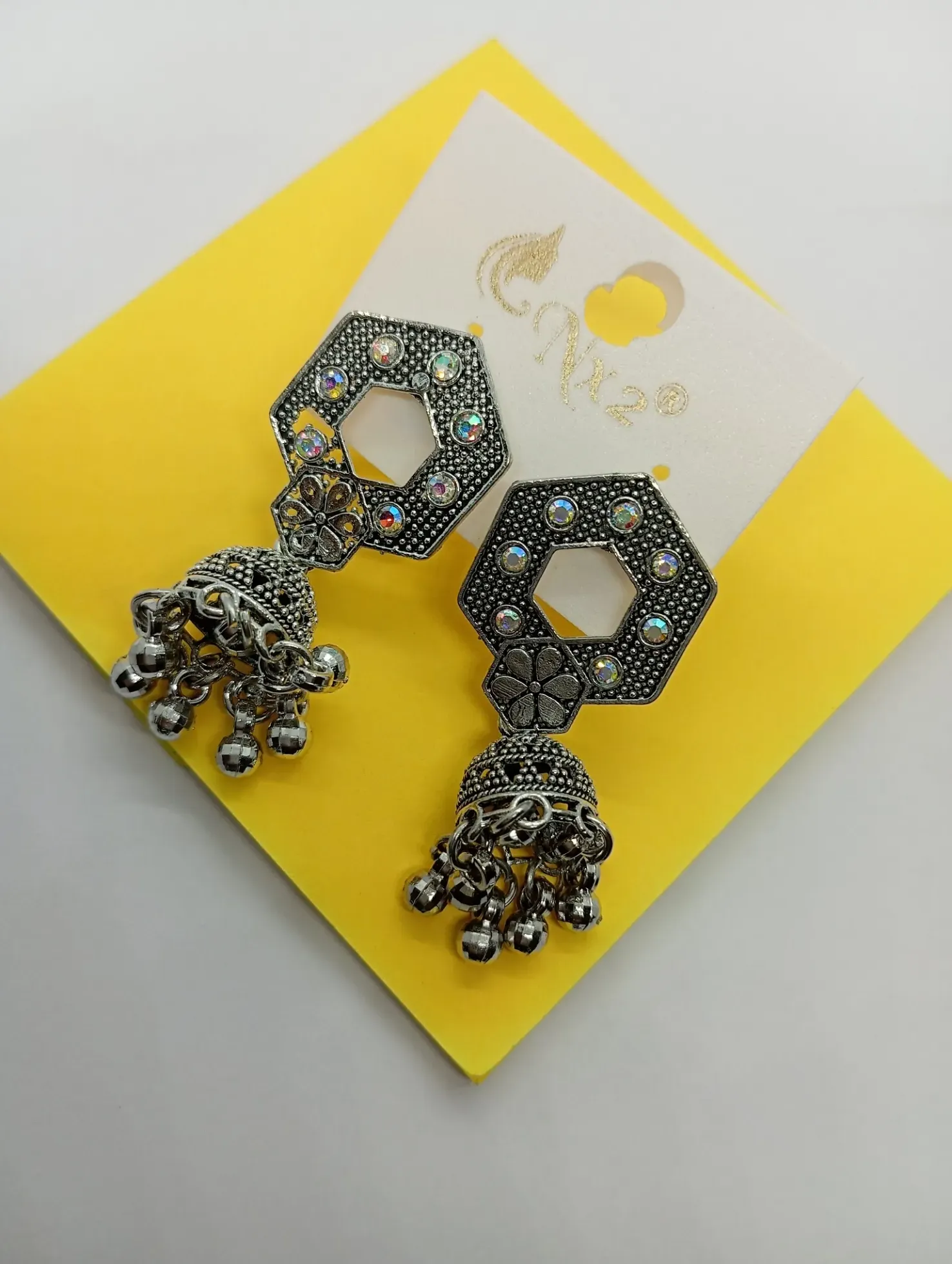 Octagon Mirror Oxidized Jhumka Earrings – Boho Ethnic Style