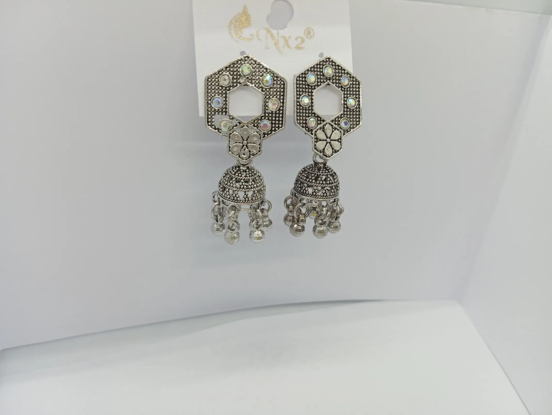 Octagon Mirror Oxidized Jhumka Earrings – Boho Ethnic Style