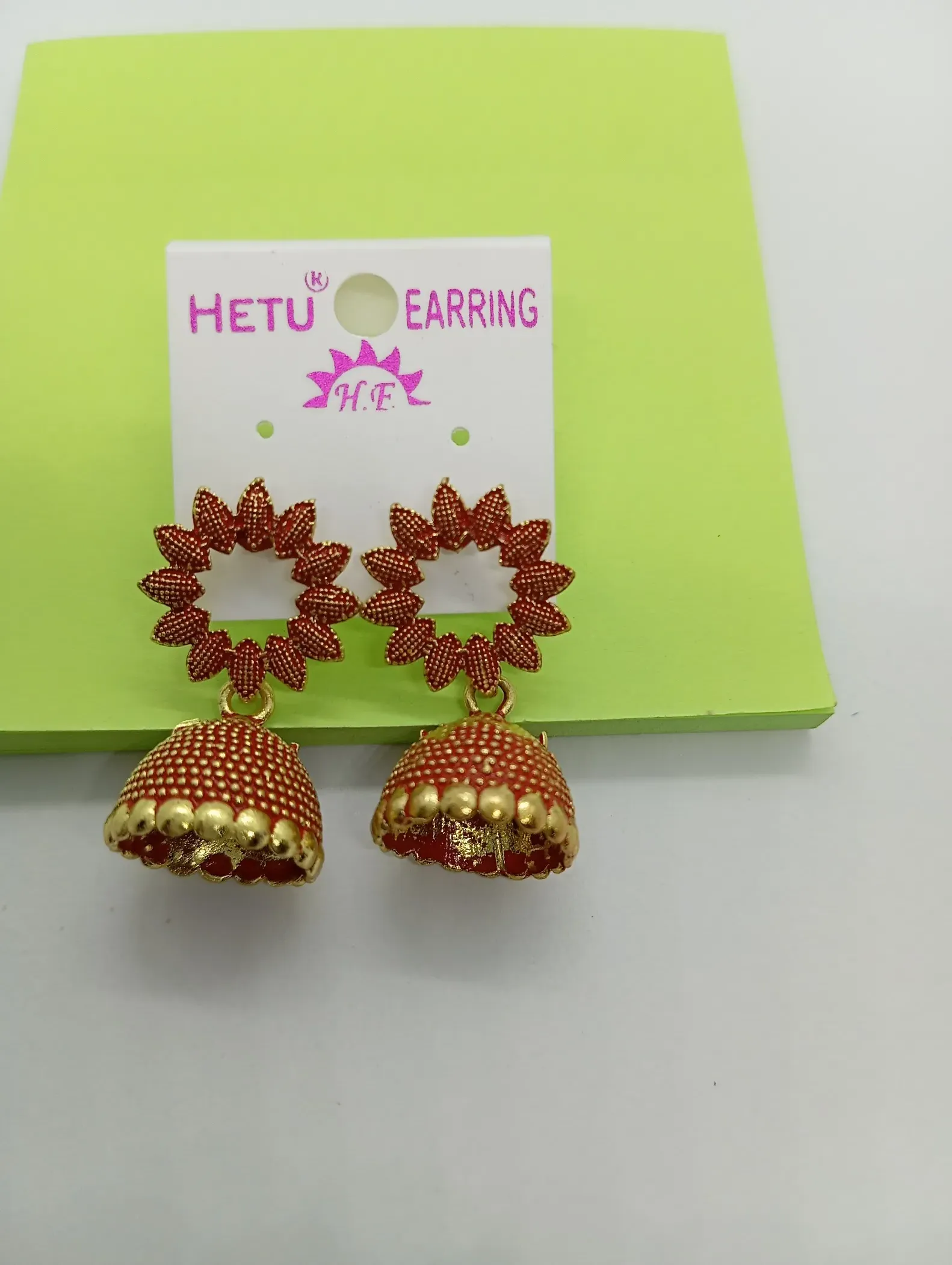  Sunflower Design Red Jhumka Earrings