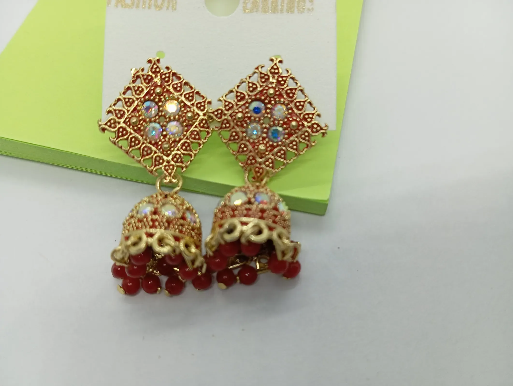 Red Bead Jhumka Earrings with Heart Motif Stud