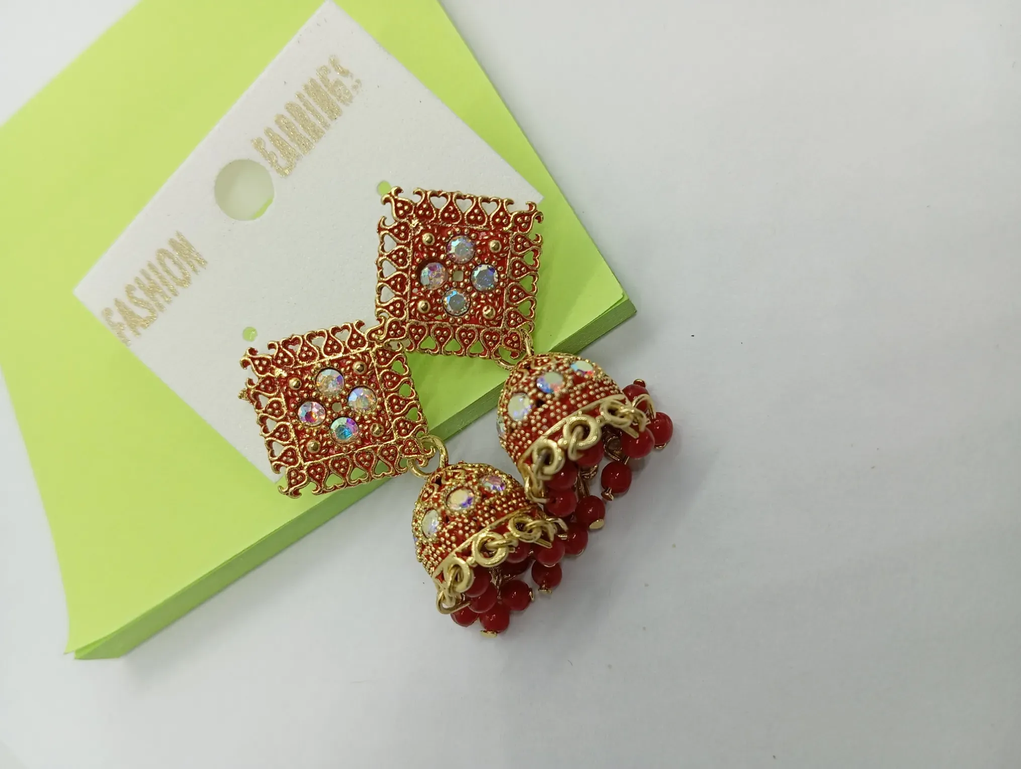 Red Bead Jhumka Earrings with Heart Motif Stud