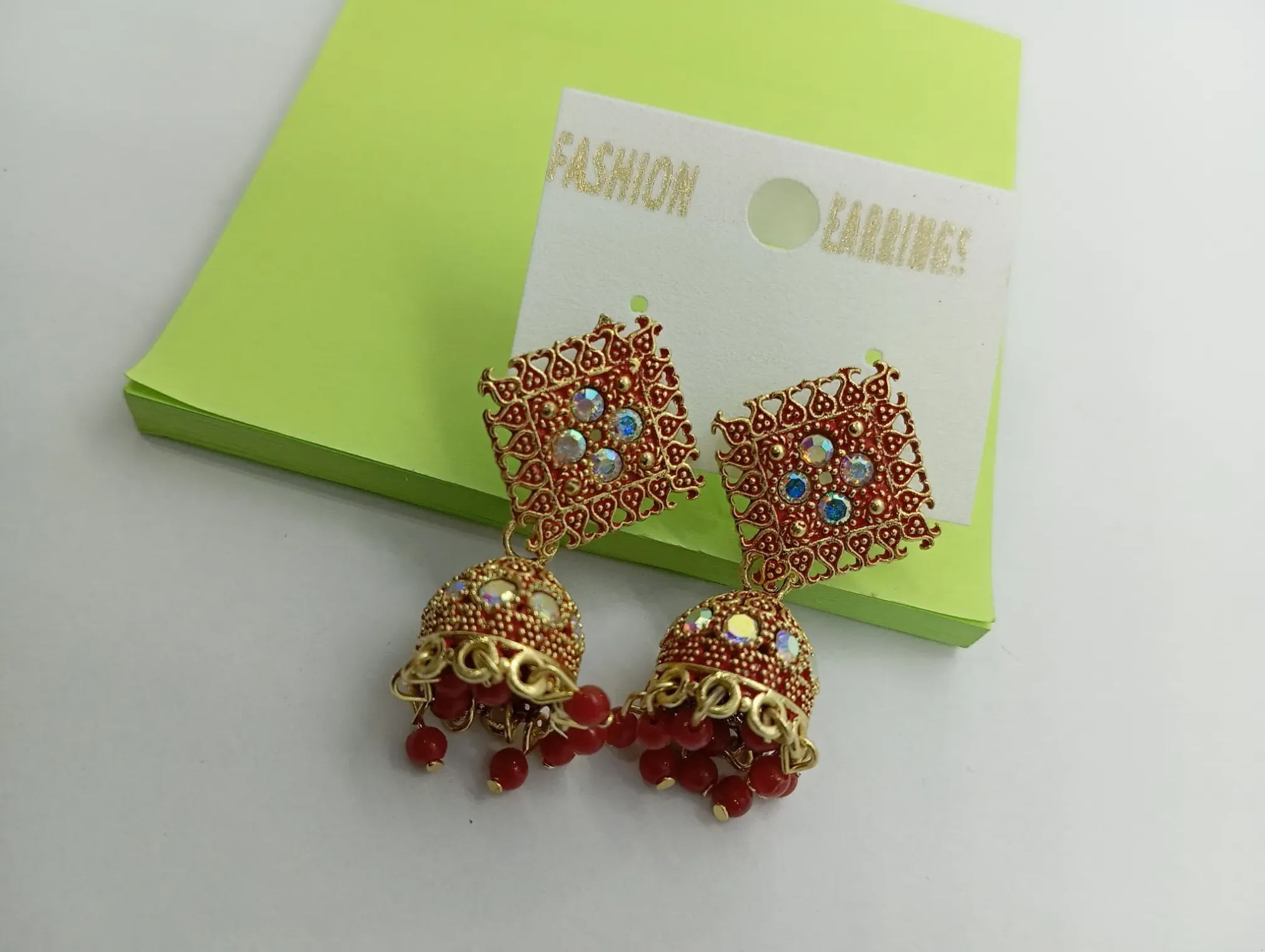 Red Bead Jhumka Earrings with Heart Motif Stud