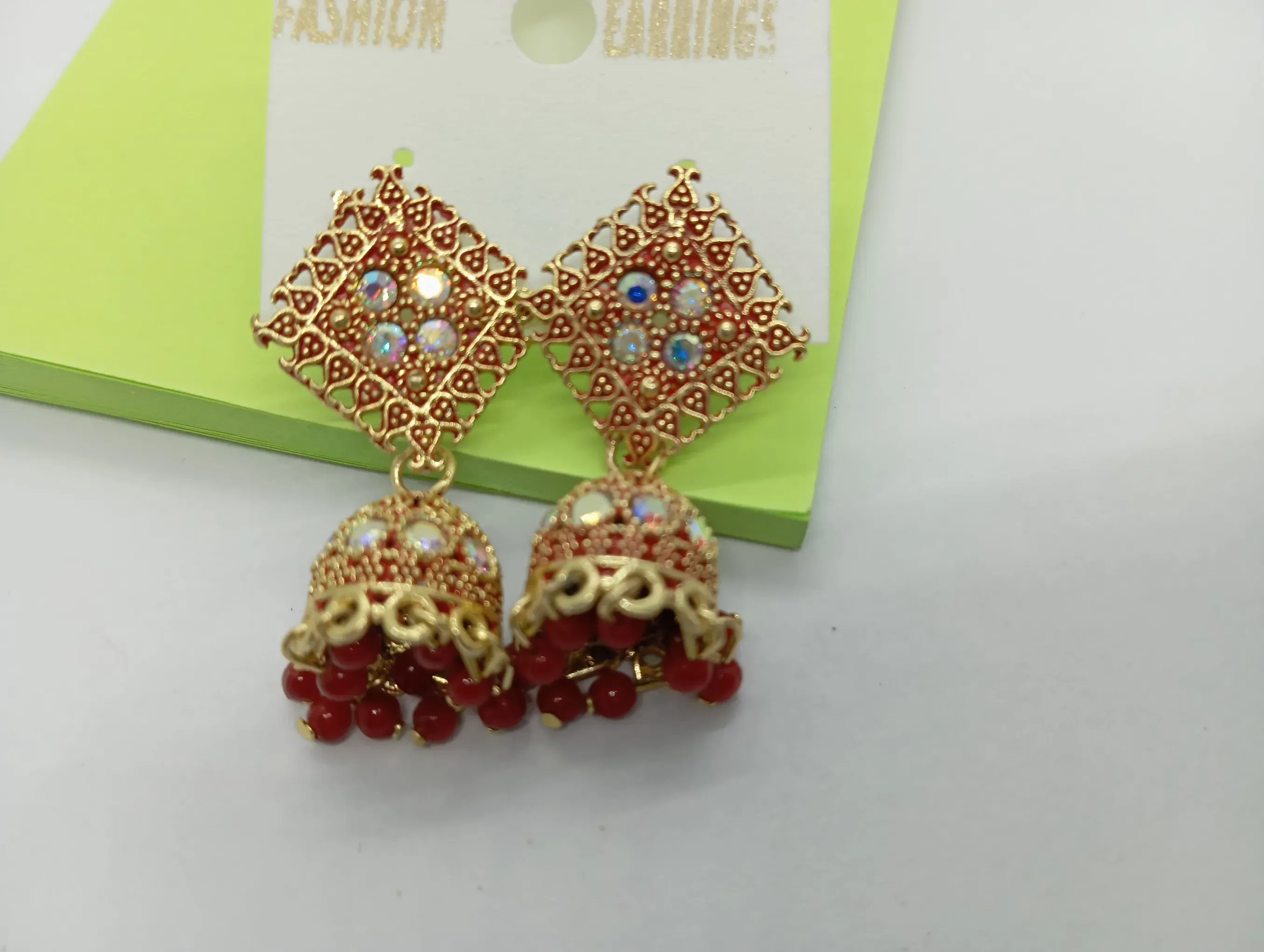 Red Bead Jhumka Earrings with Heart Motif Stud