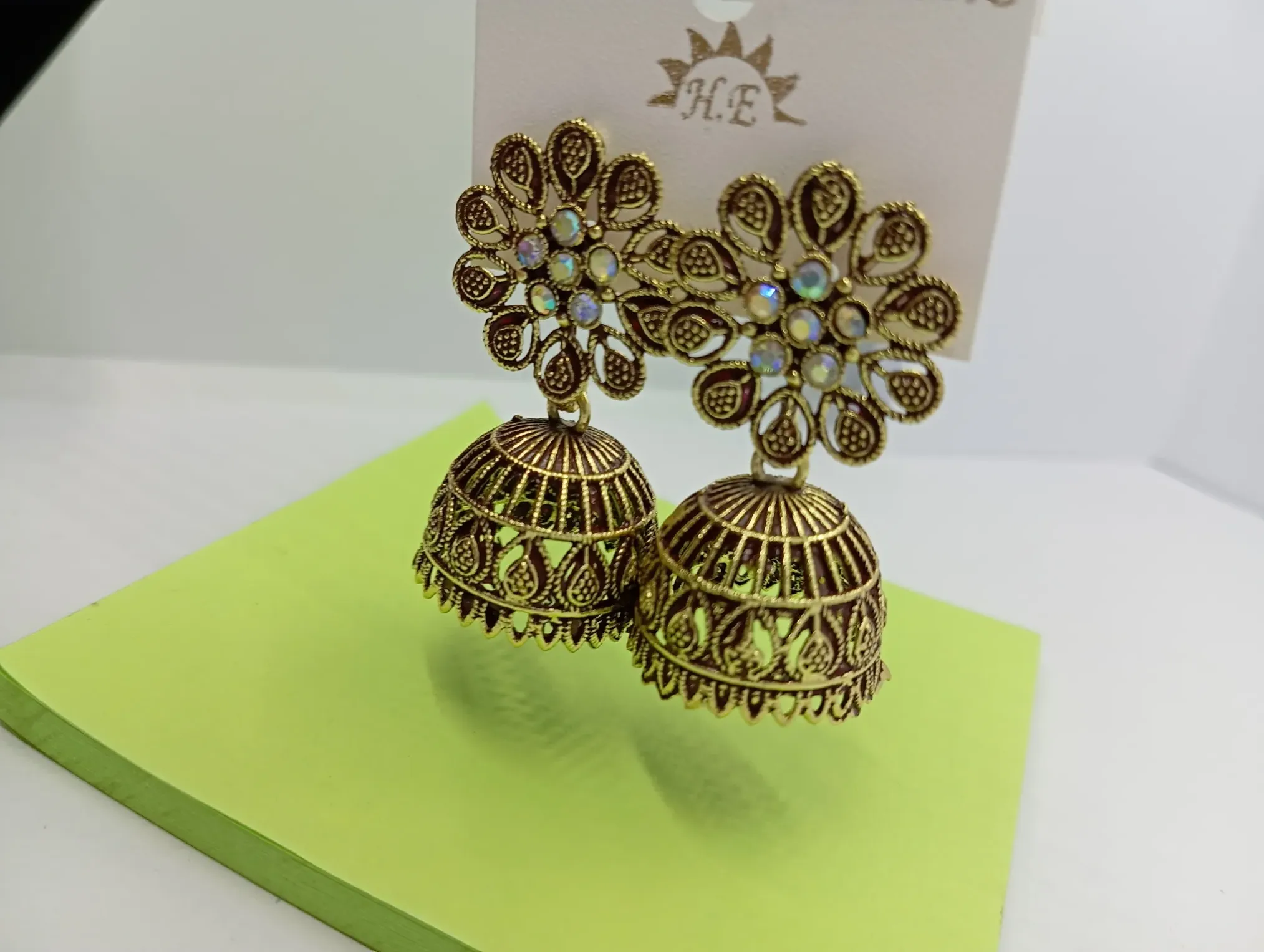 Floral Antique Gold Jhumka Earrings with Stone Studs