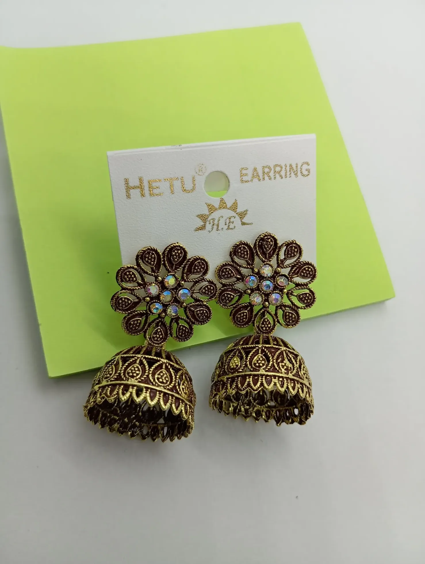 Floral Antique Gold Jhumka Earrings with Stone Studs