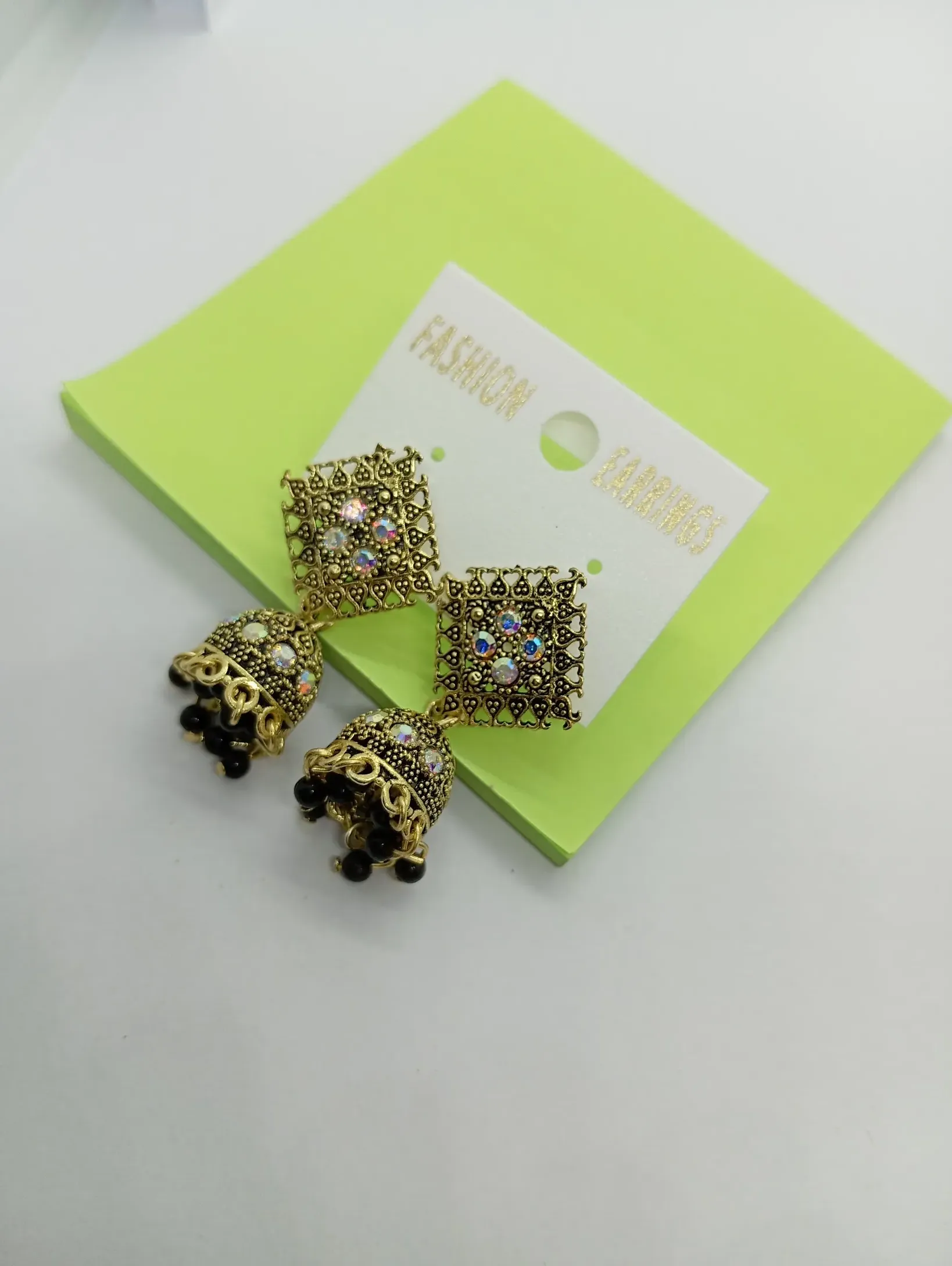 Antique Gold Jhumka Earrings with Black Beads
