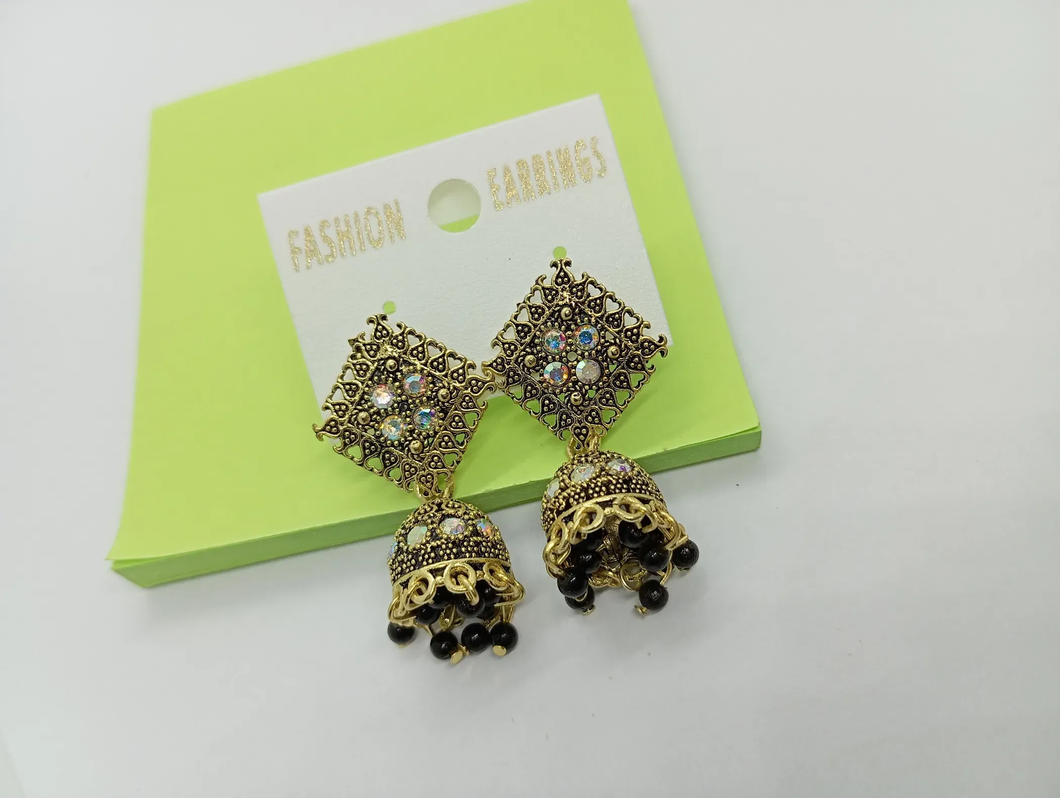 Antique Gold Jhumka Earrings with Black Beads