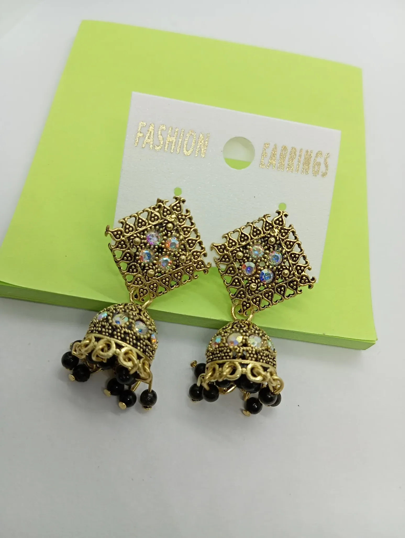 Antique Gold Jhumka Earrings with Black Beads