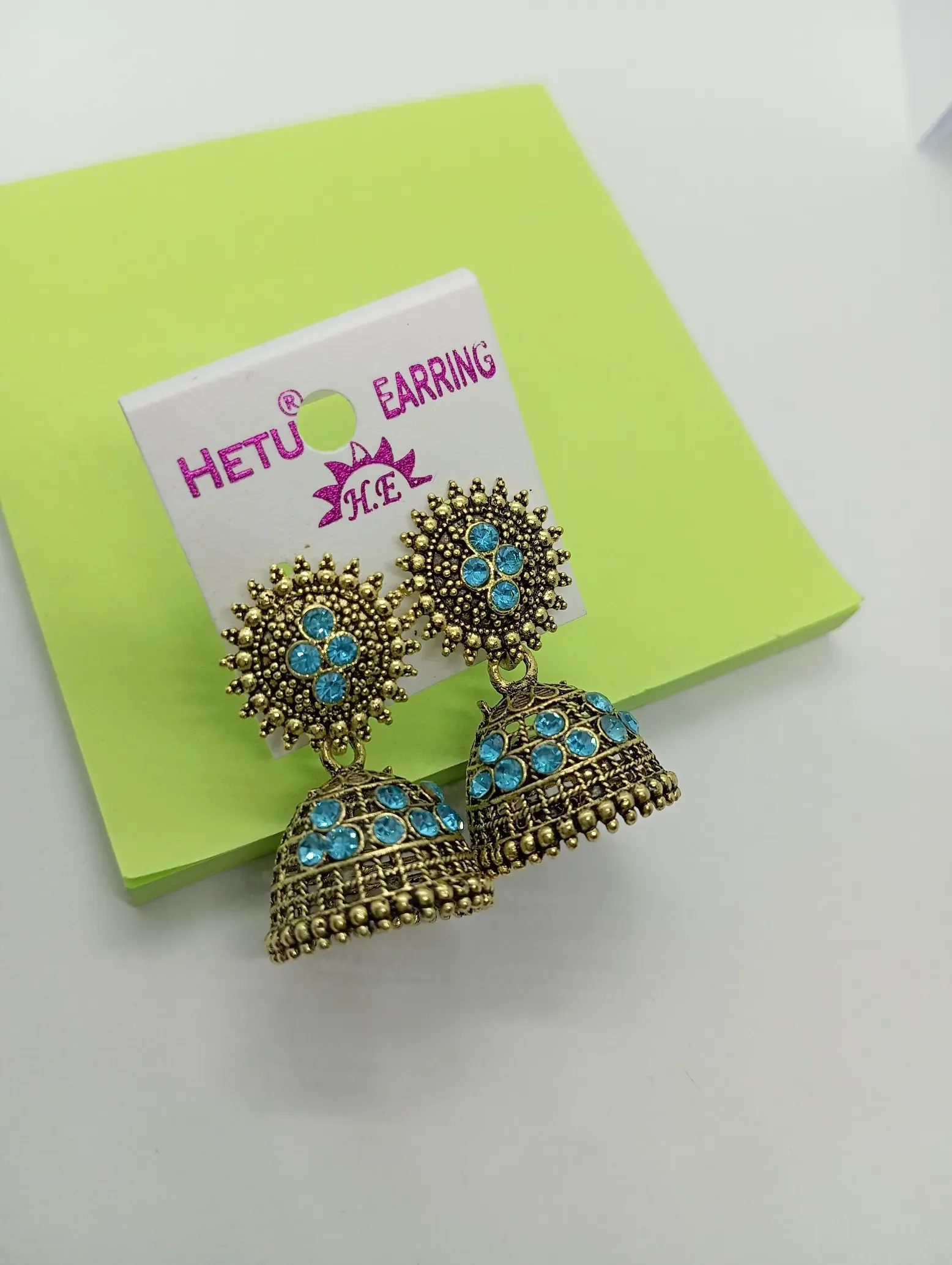  Antique Gold Jhumka Earrings with Blue Stone Work