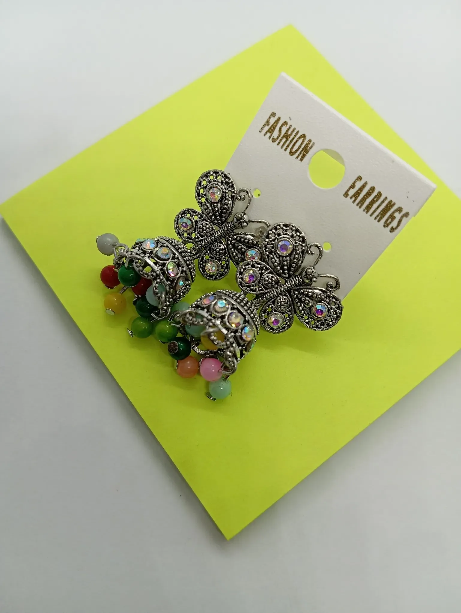  Oxidized Butterfly Jhumka Earrings with Multicolor Beads