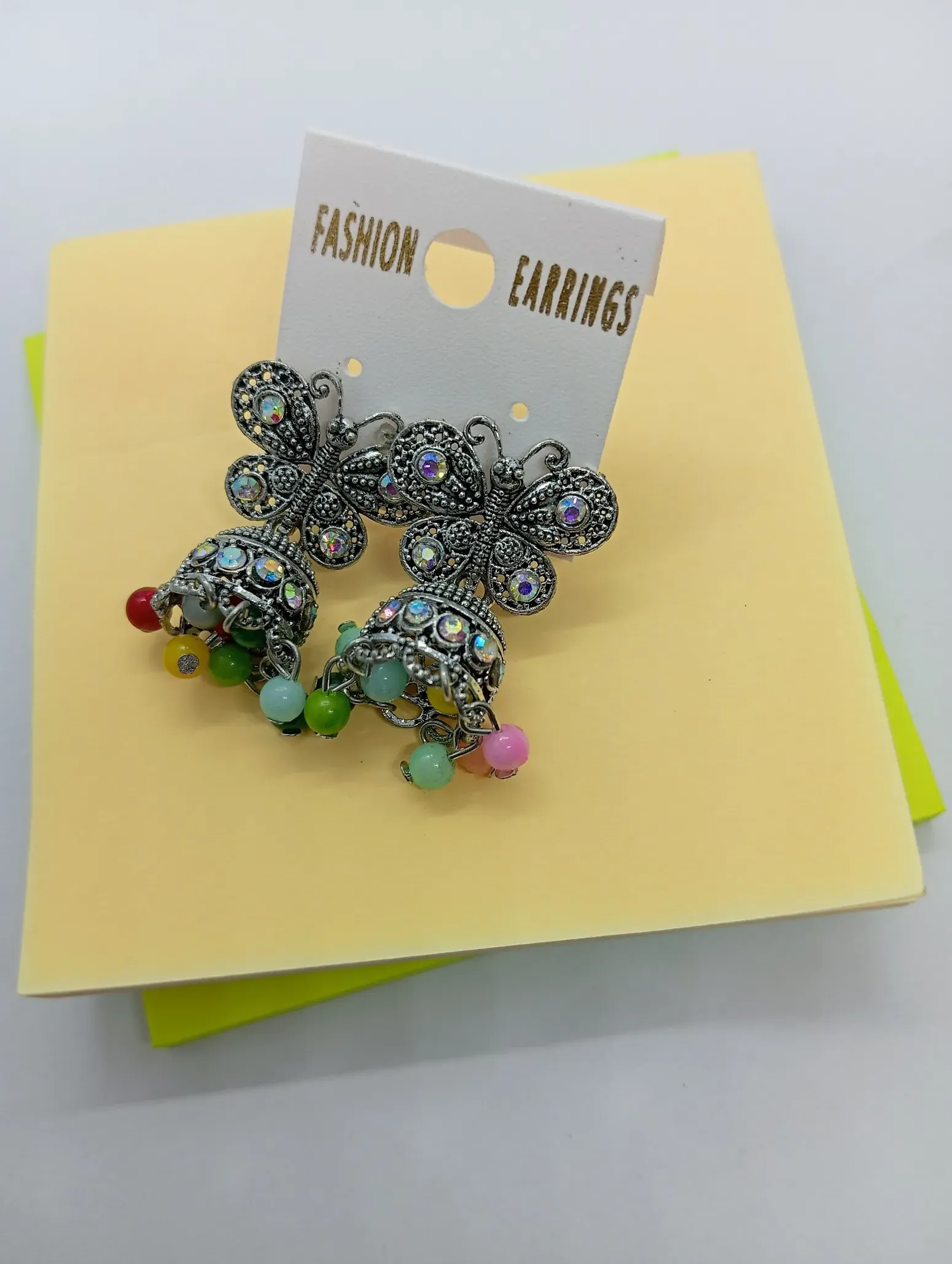  Oxidized Butterfly Jhumka Earrings with Multicolor Beads