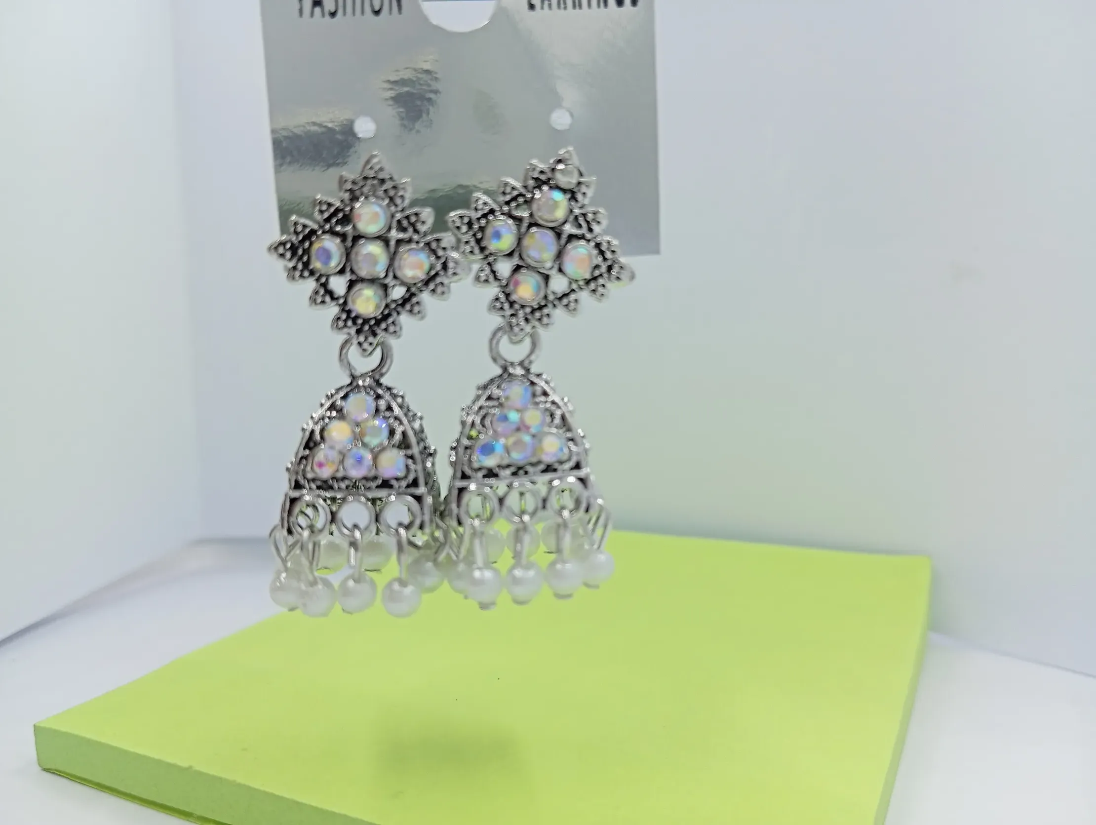 Silver Mirror Studded Jhumka Earrings