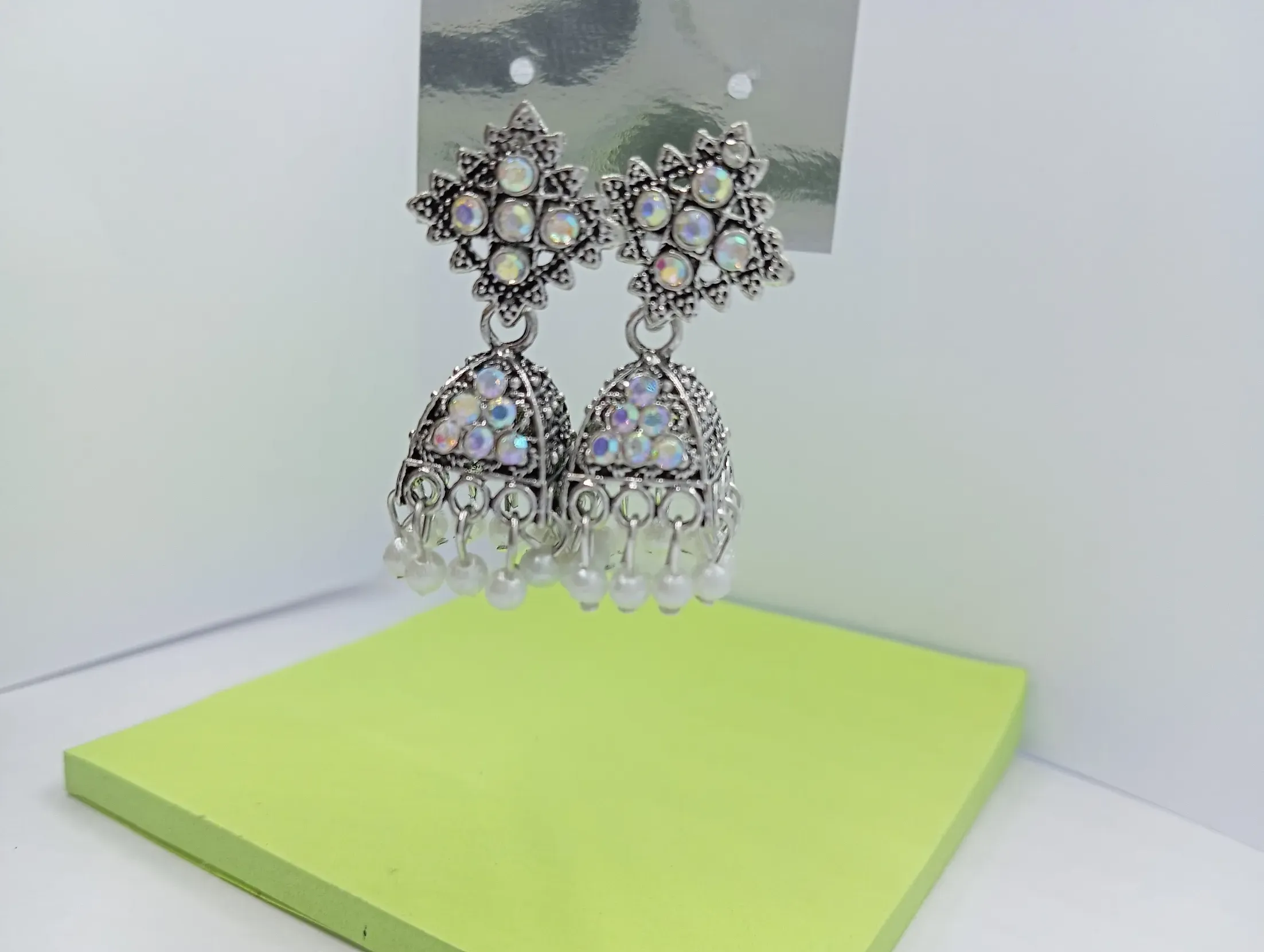 Silver Mirror Studded Jhumka Earrings