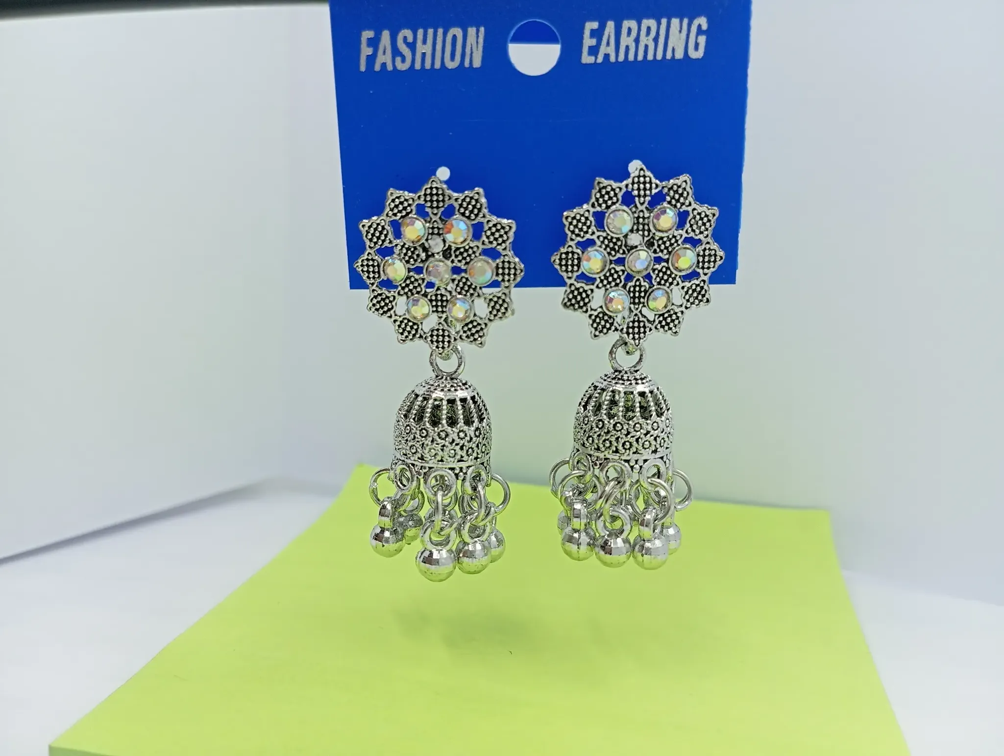 Silver Oxidized Jhumka Earrings with Mirror Studs