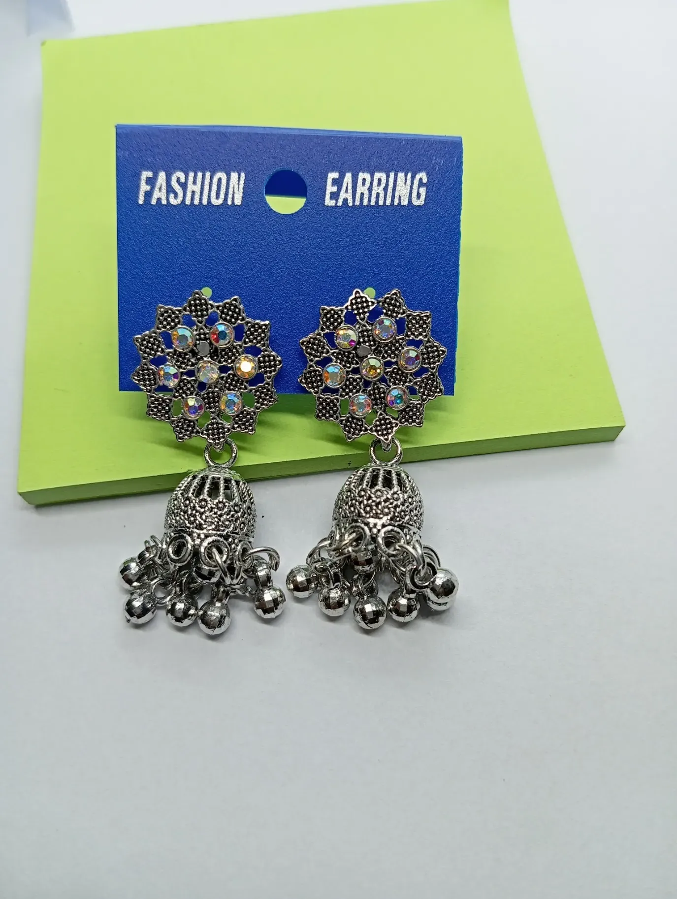 Silver Oxidized Jhumka Earrings with Mirror Studs