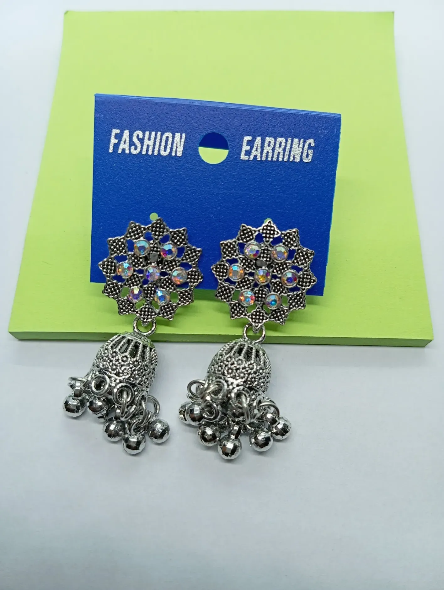 Silver Oxidized Jhumka Earrings with Mirror Studs