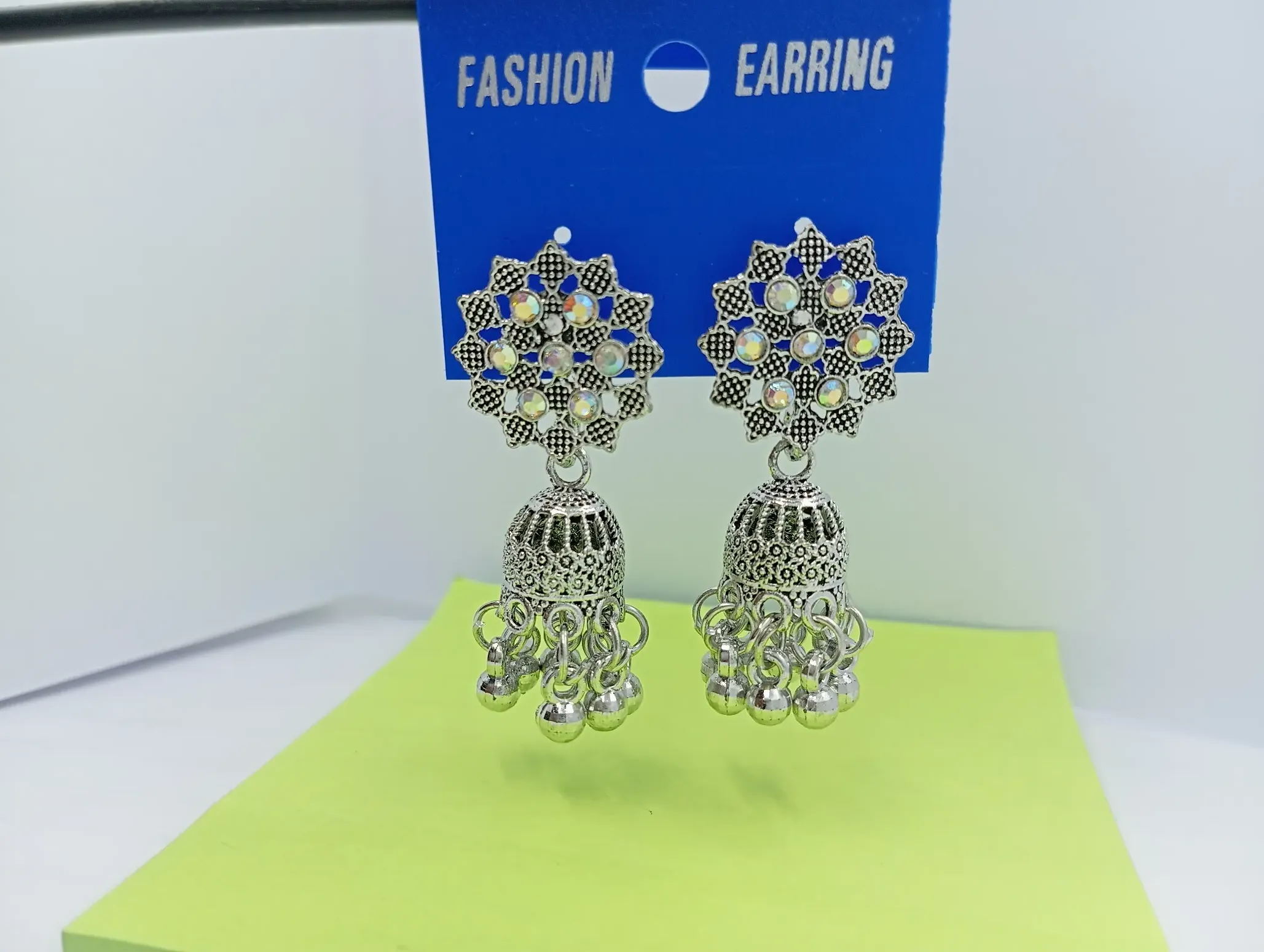 Silver Oxidized Jhumka Earrings with Mirror Studs