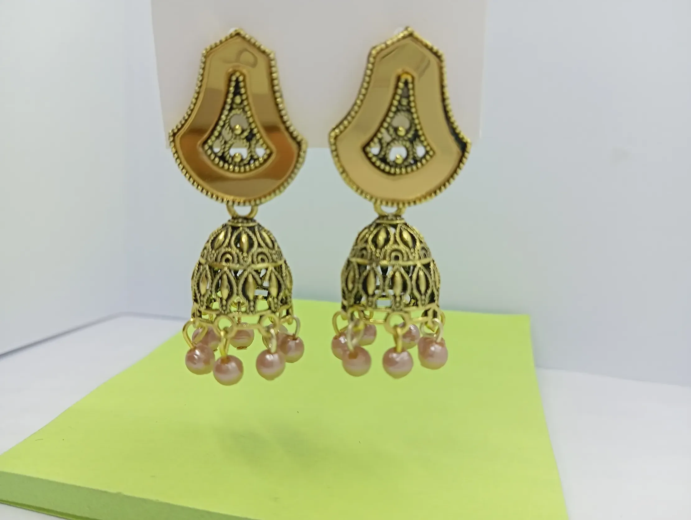 Traditional Antique Gold Jhumka Earrings with Pink Pearl Drops – Ethnic Wear Jewellery