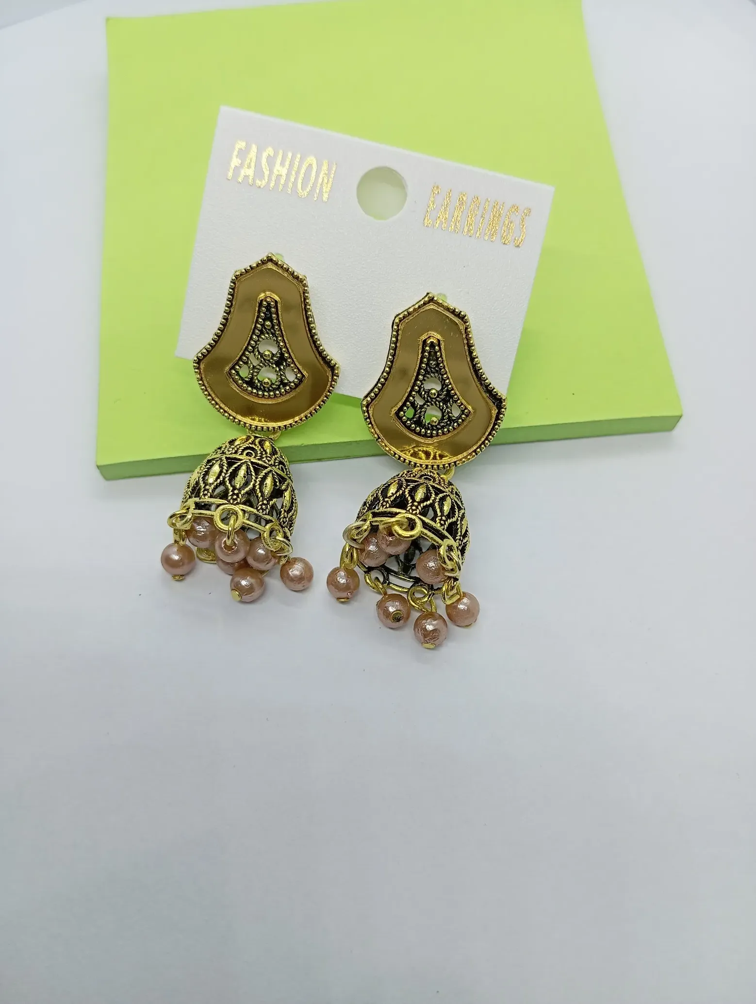 Traditional Antique Gold Jhumka Earrings with Pink Pearl Drops – Ethnic Wear Jewellery