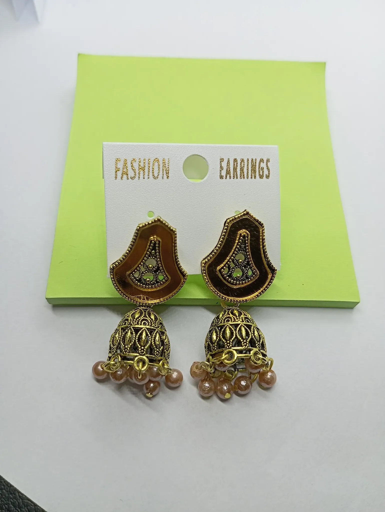 Traditional Antique Gold Jhumka Earrings with Pink Pearl Drops – Ethnic Wear Jewellery