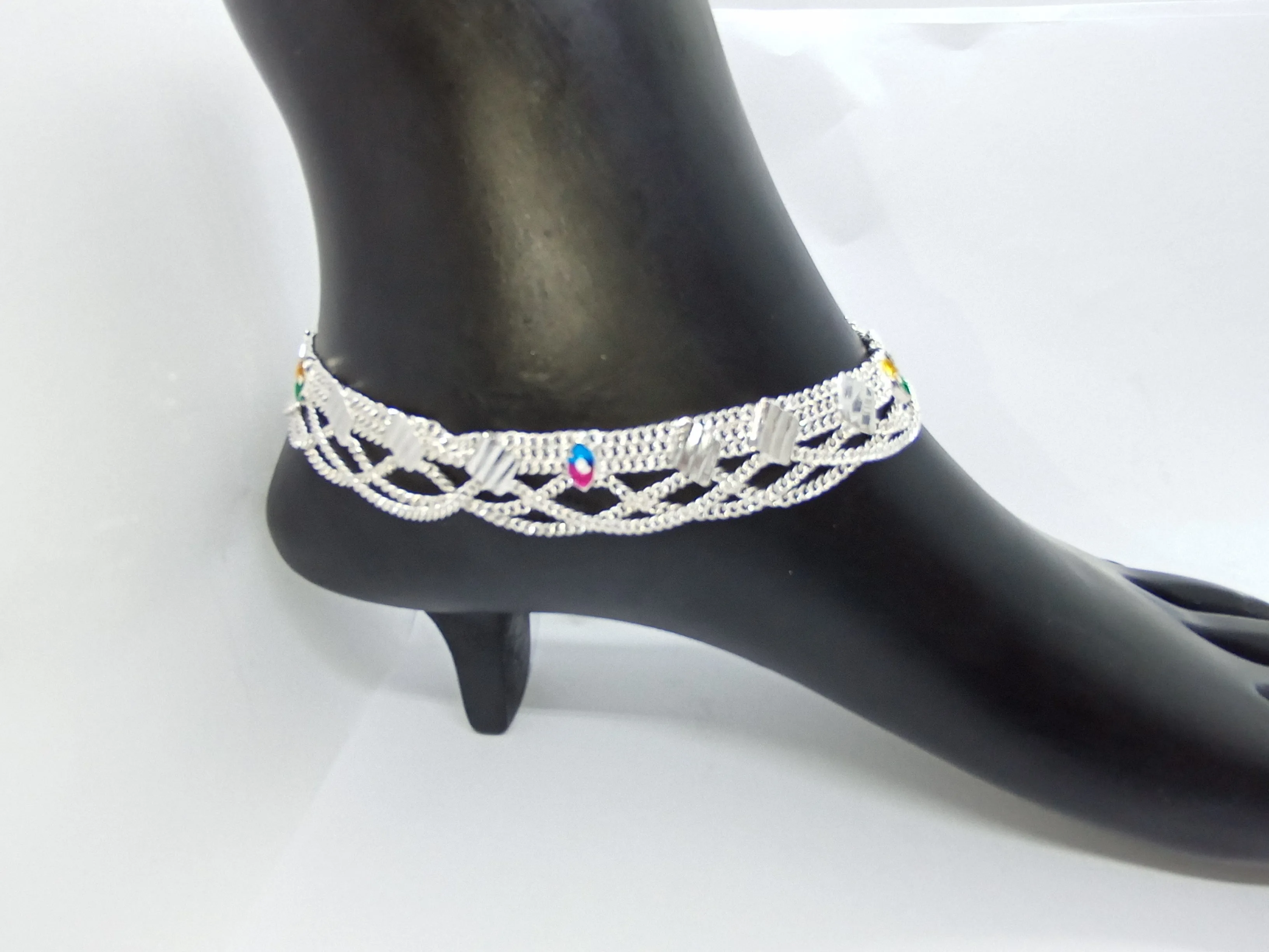 Silver Anklet with Multicolor Stones