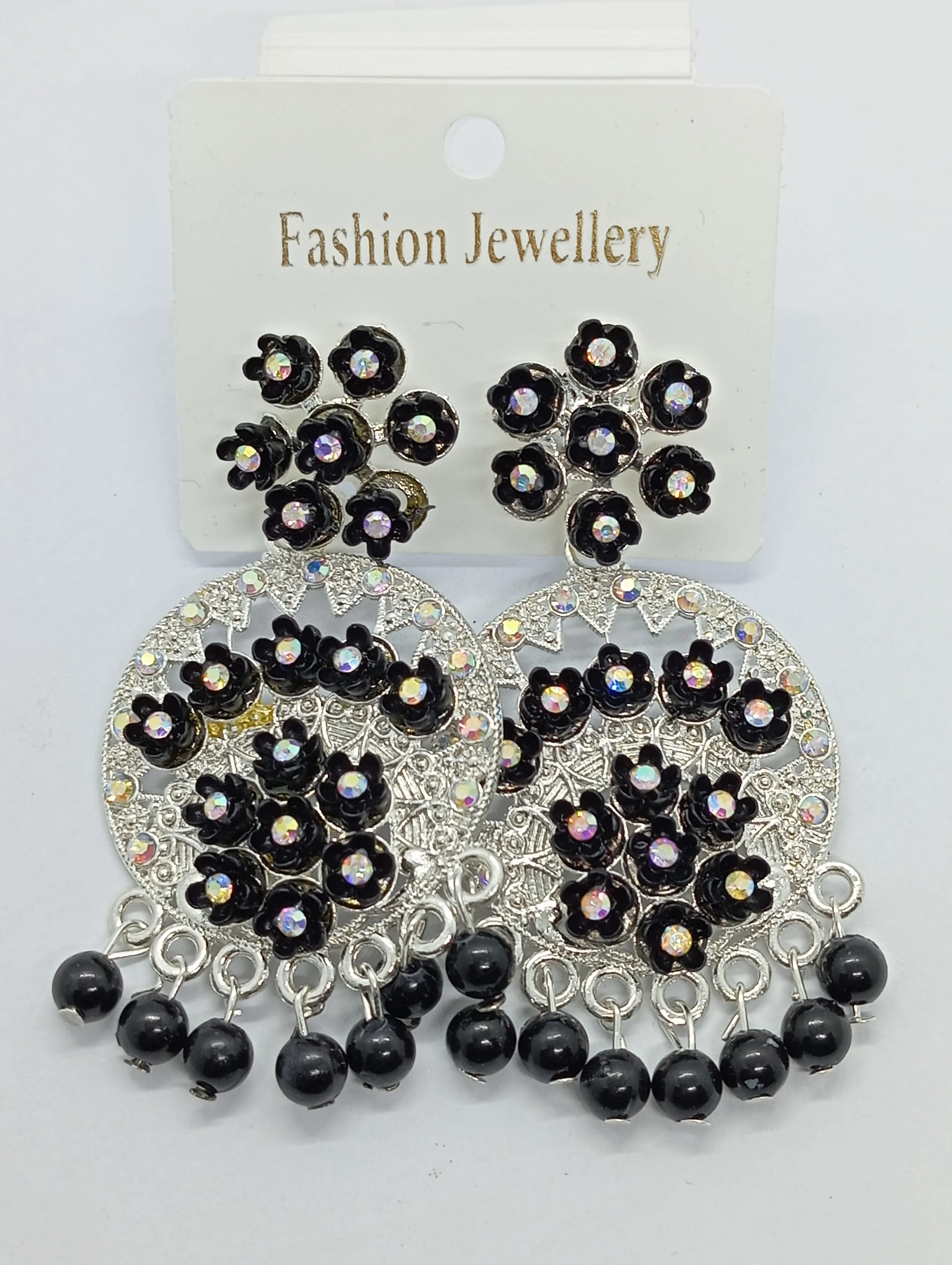 Floral Black Beaded Jhumka Earrings