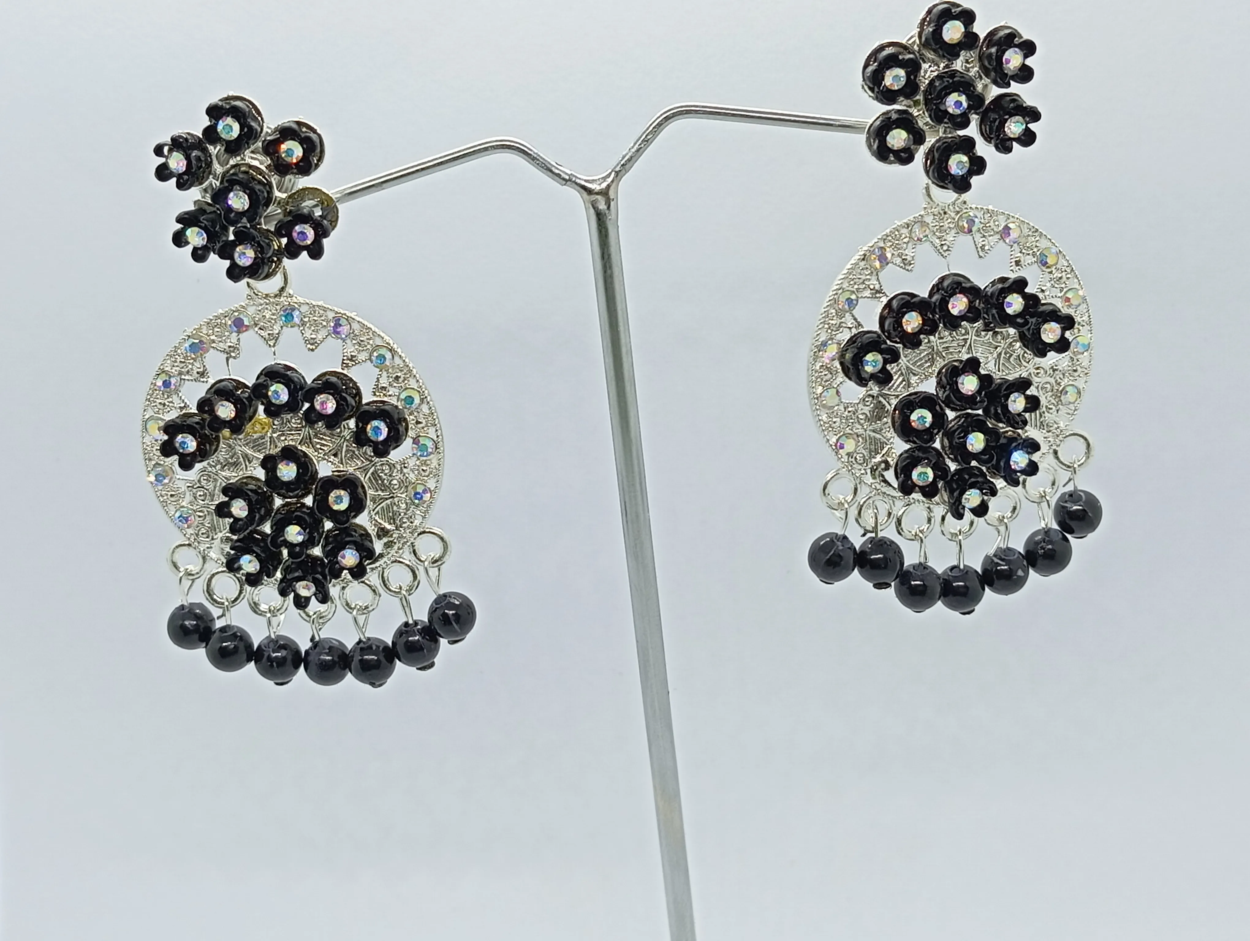 Floral Black Beaded Jhumka Earrings