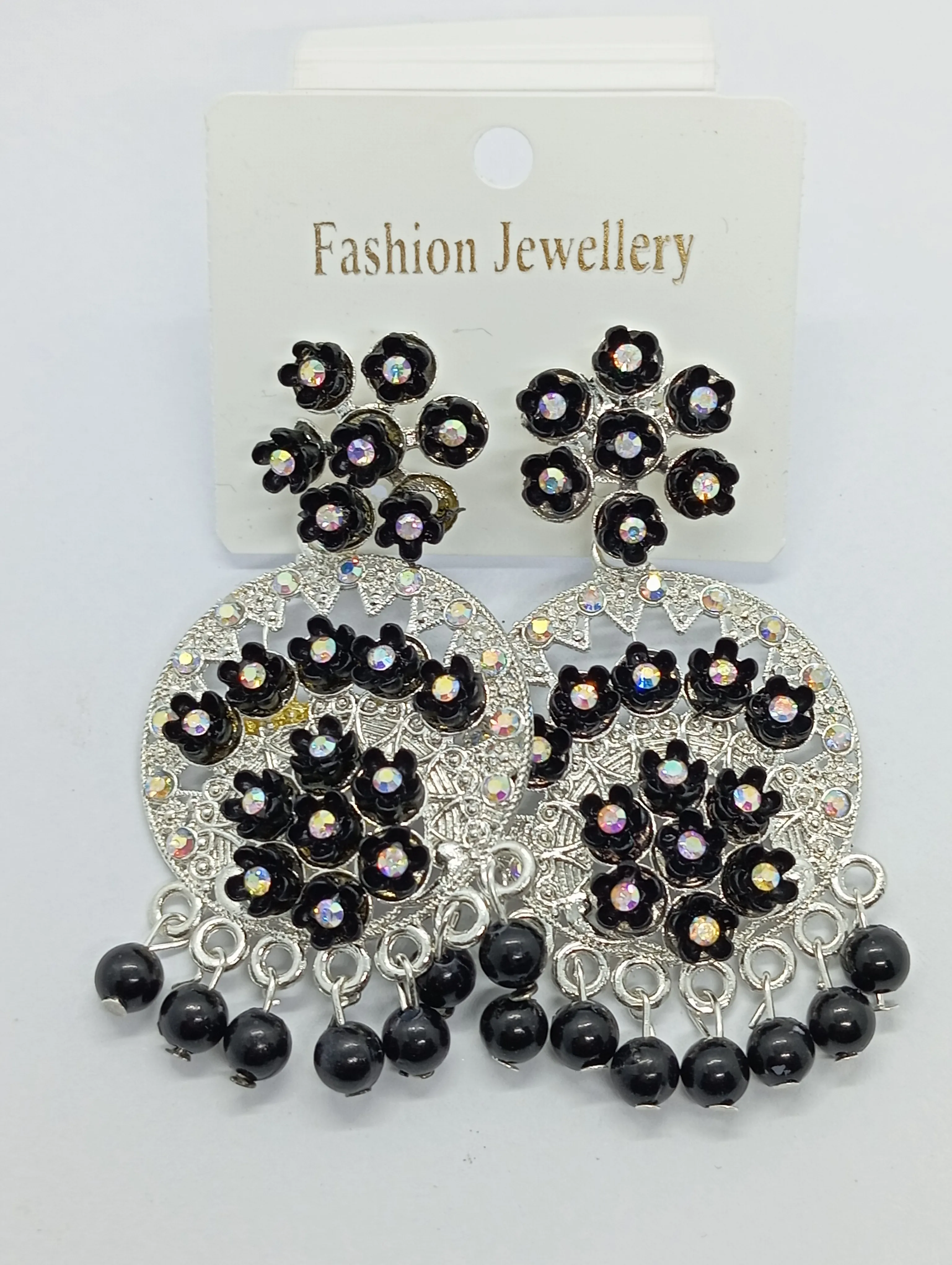 Floral Black Beaded Jhumka Earrings