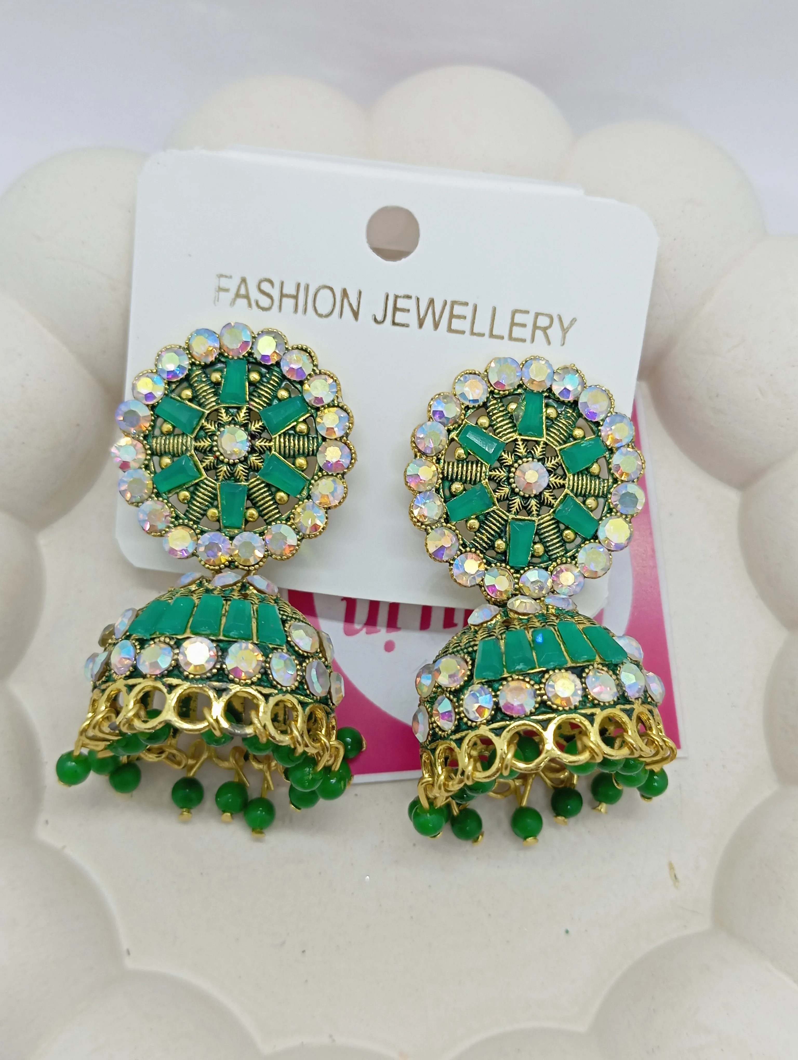 Green Beaded Jhumka Earrings