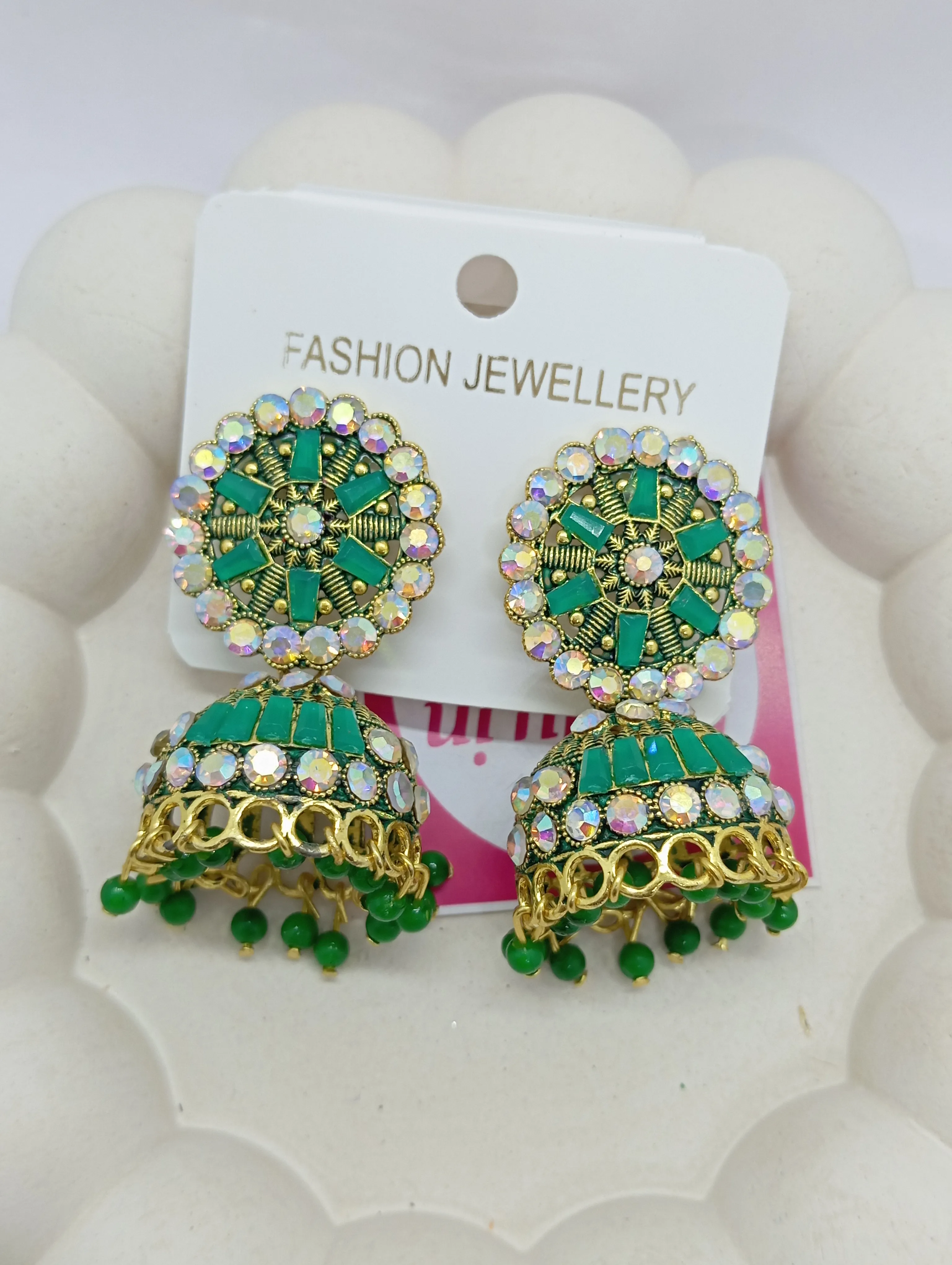 Green Beaded Jhumka Earrings