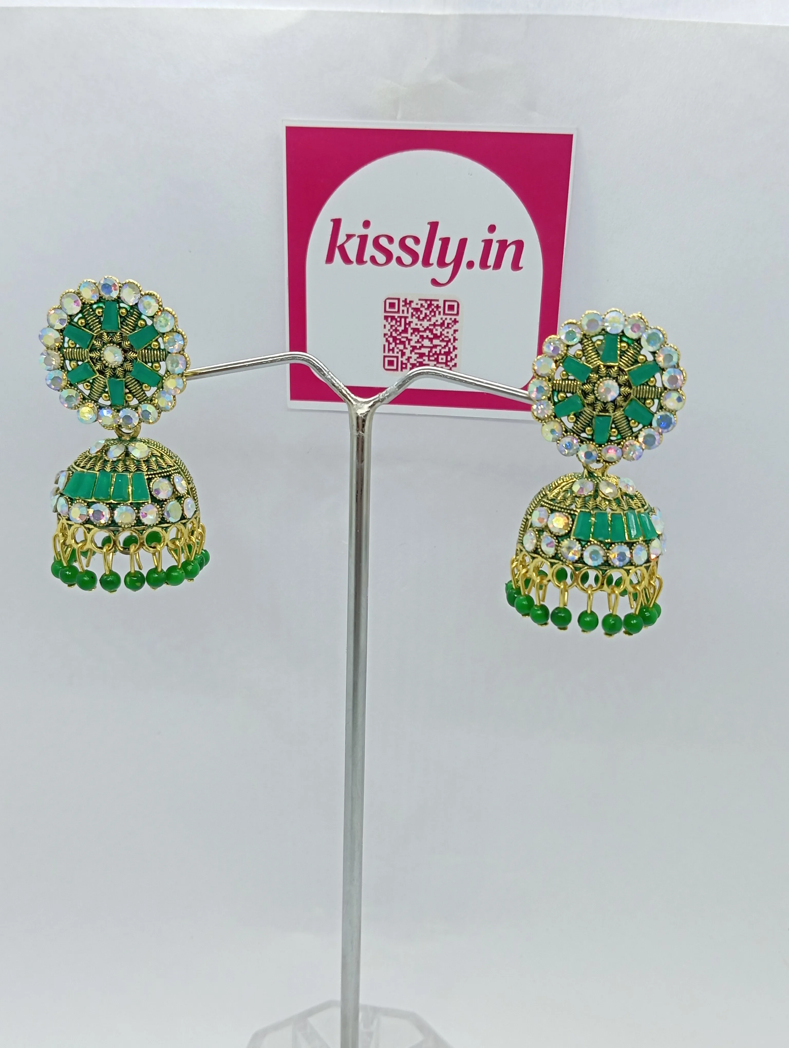 Green Beaded Jhumka Earrings