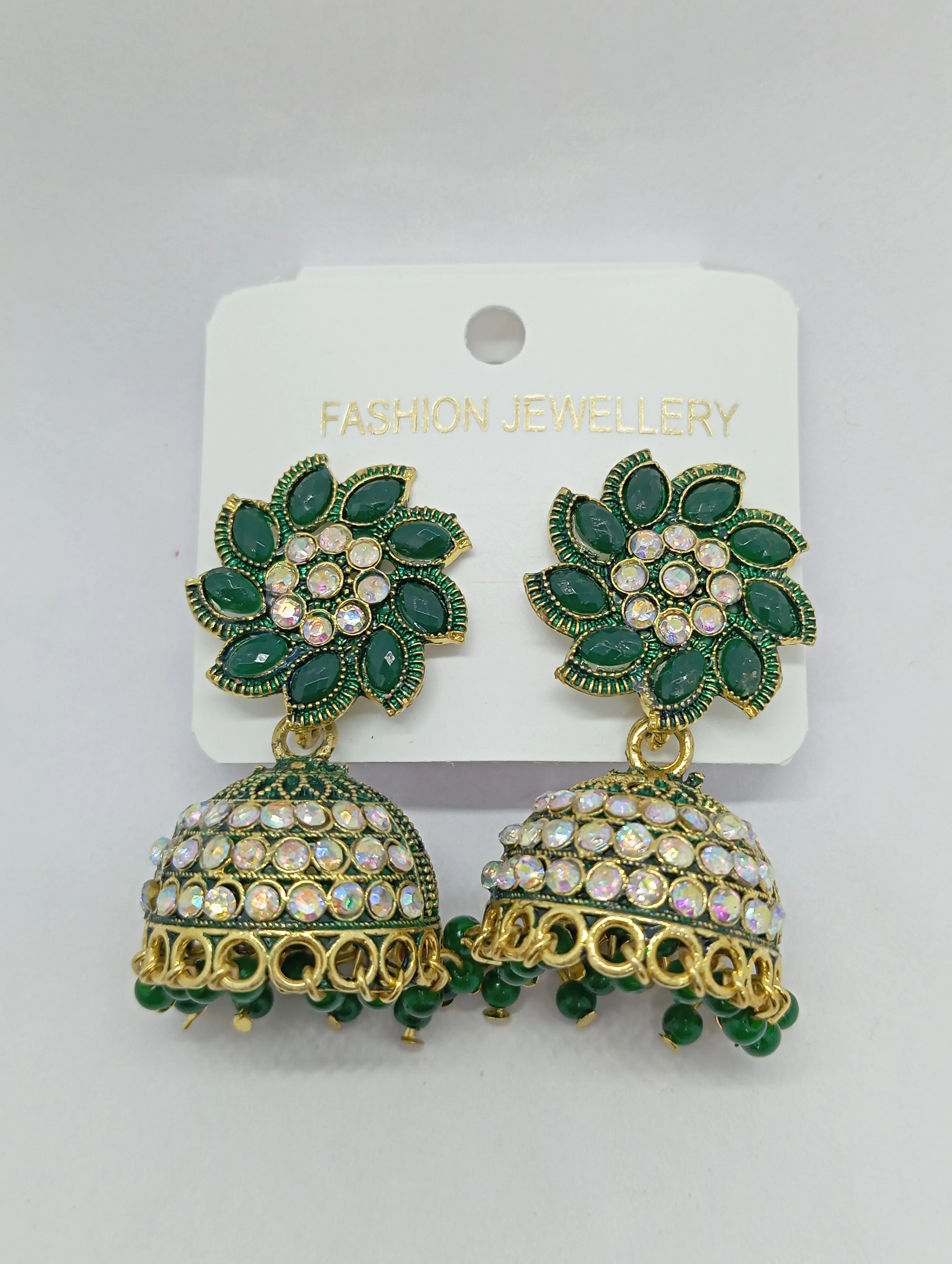 Green Stone Studded Jhumka Earrings