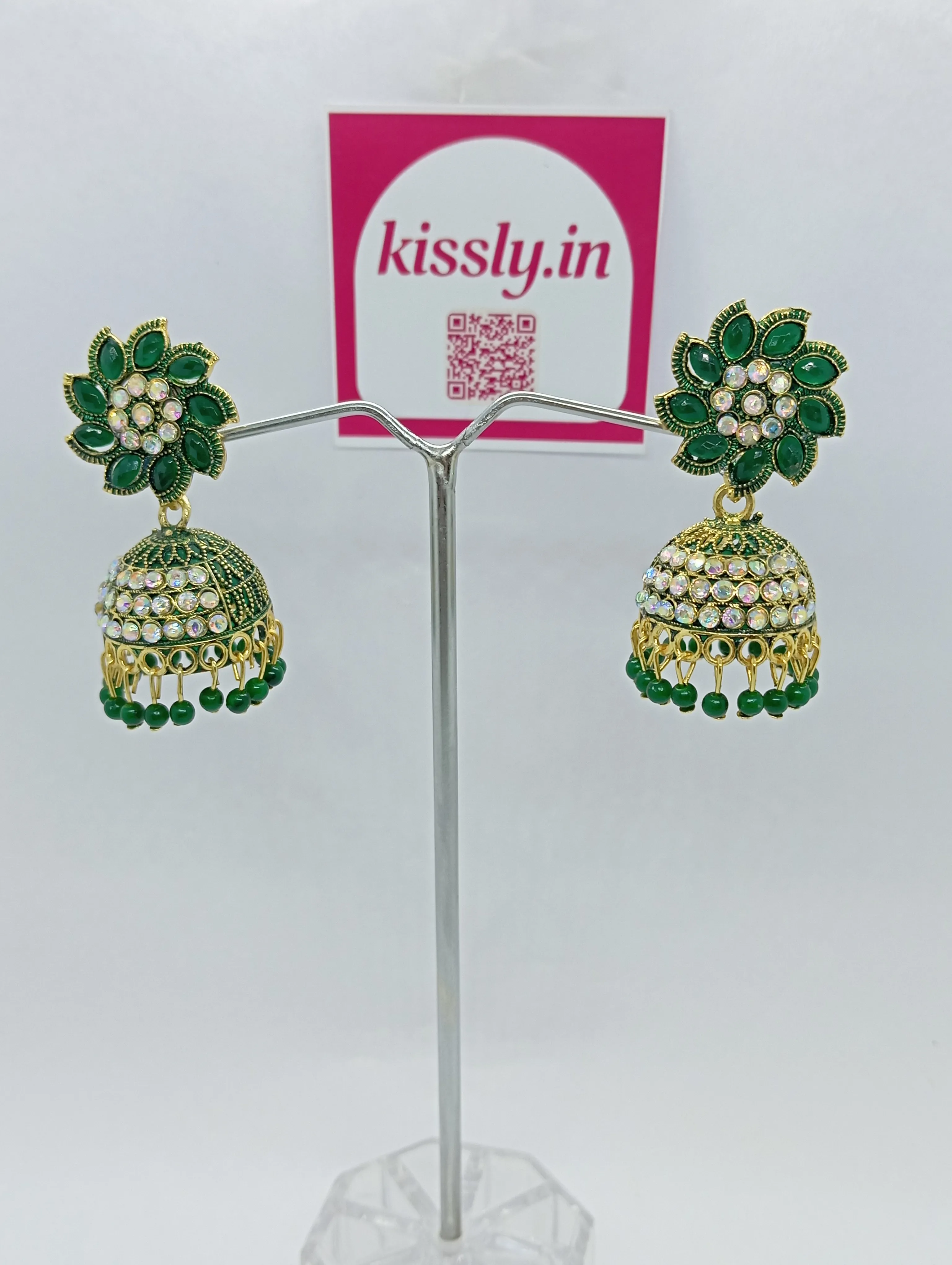 Green Stone Studded Jhumka Earrings