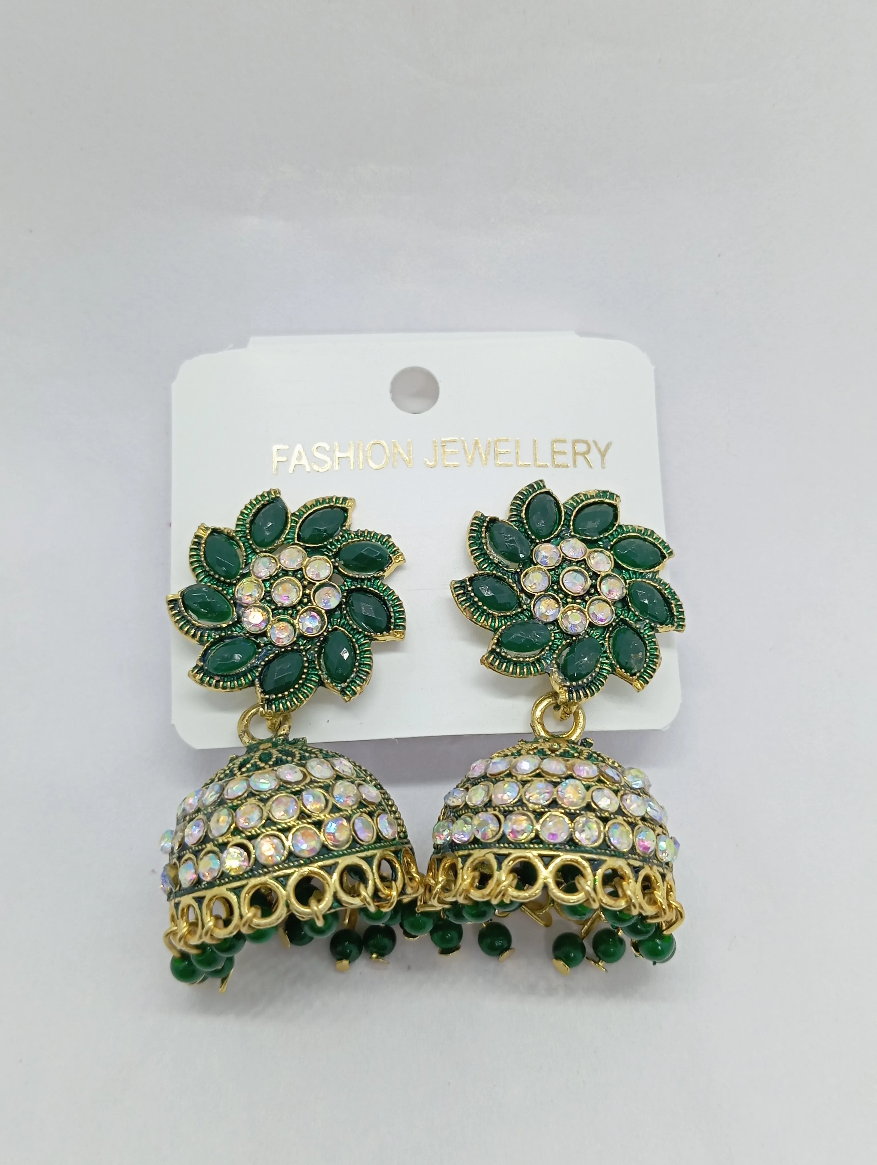 Green Stone Studded Jhumka Earrings