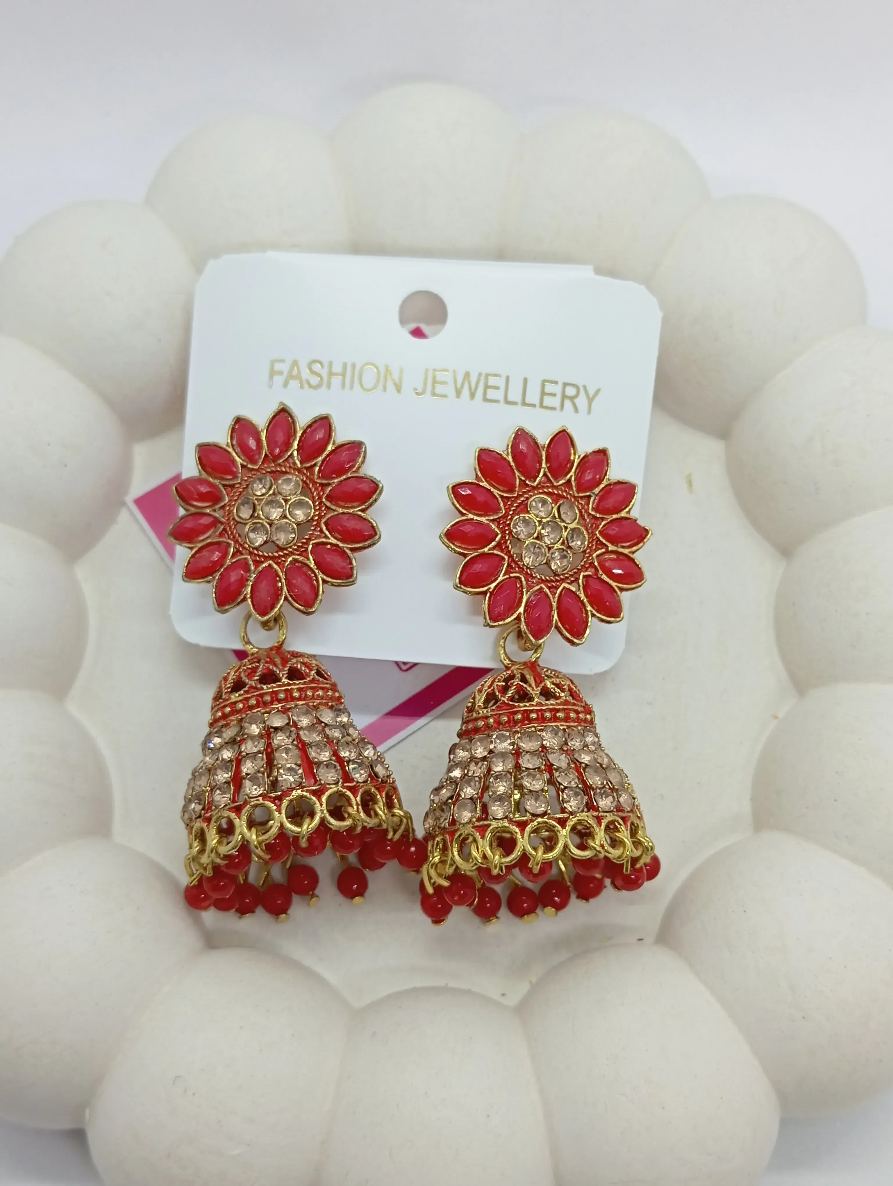 Red Beaded Jhumka Earrings