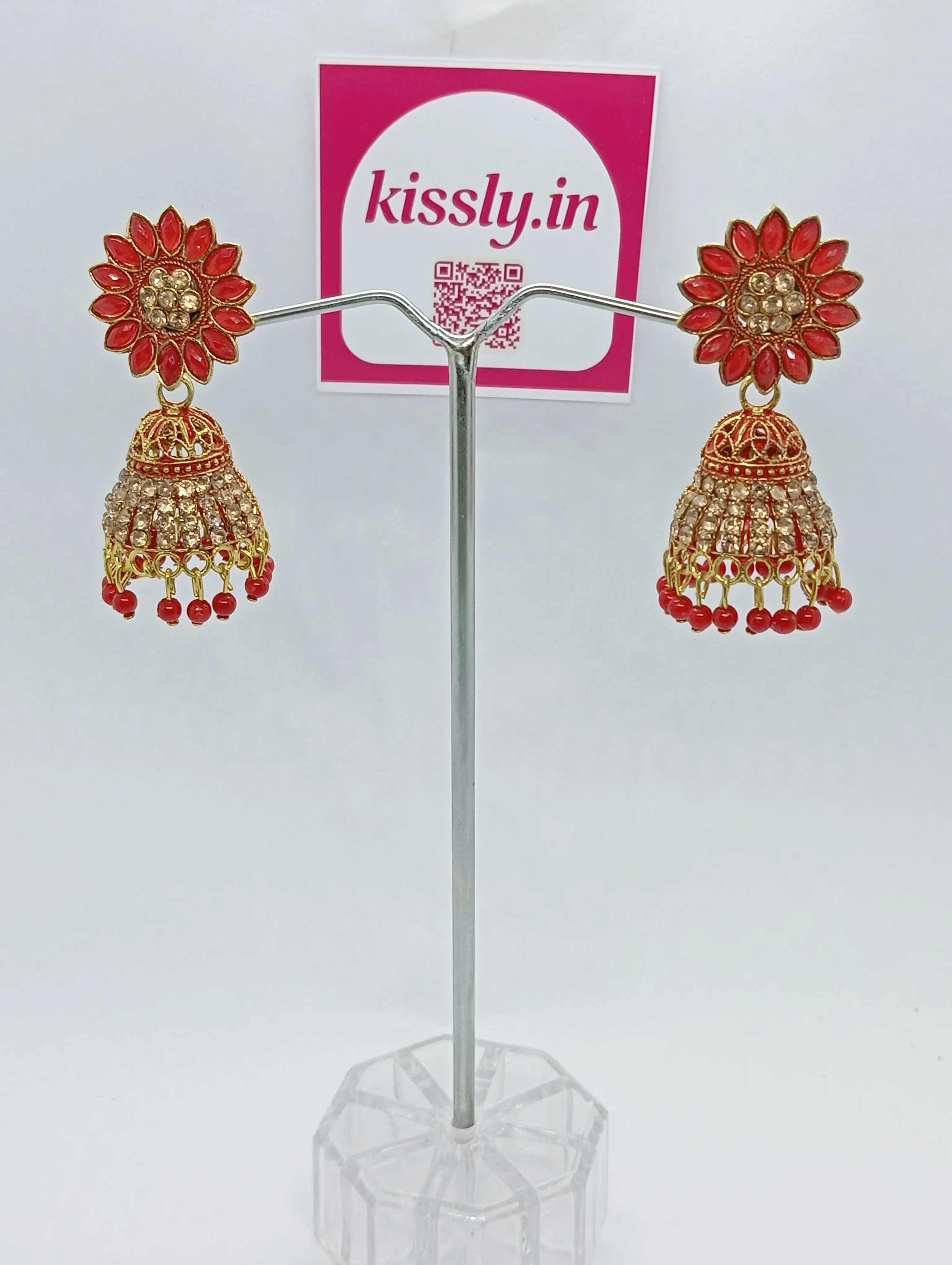 Red Beaded Jhumka Earrings