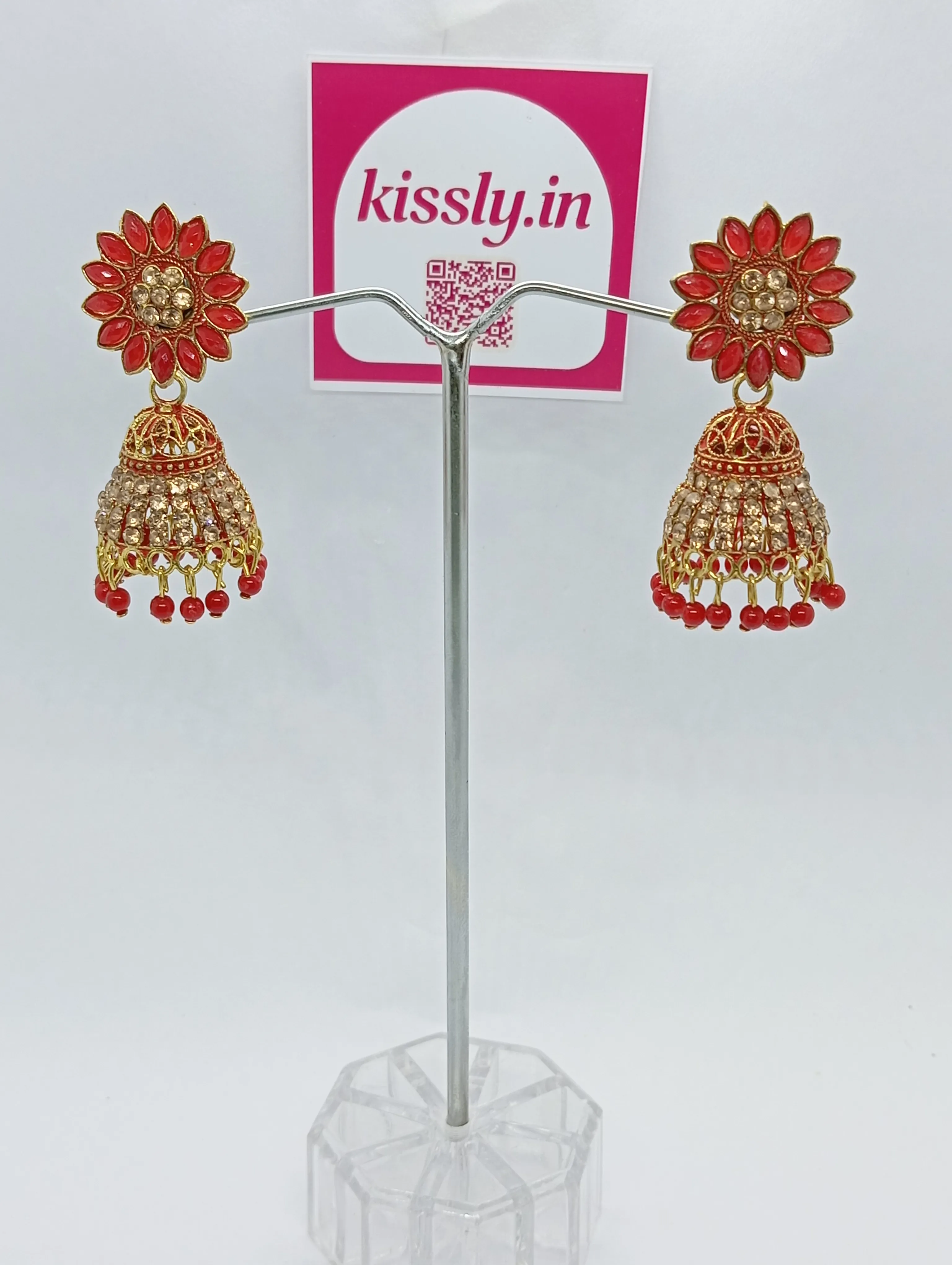 Red Beaded Jhumka Earrings