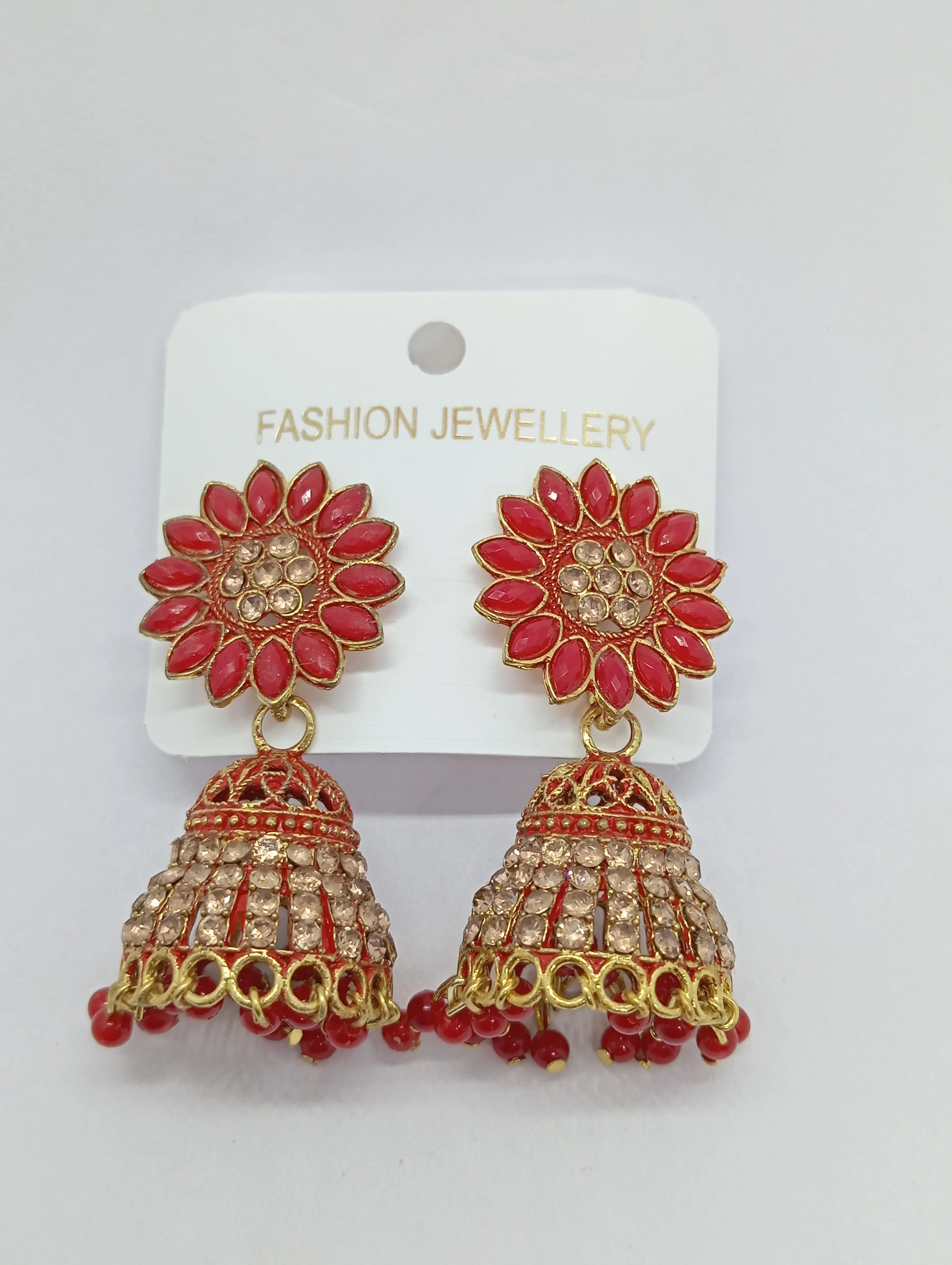 Red Beaded Jhumka Earrings