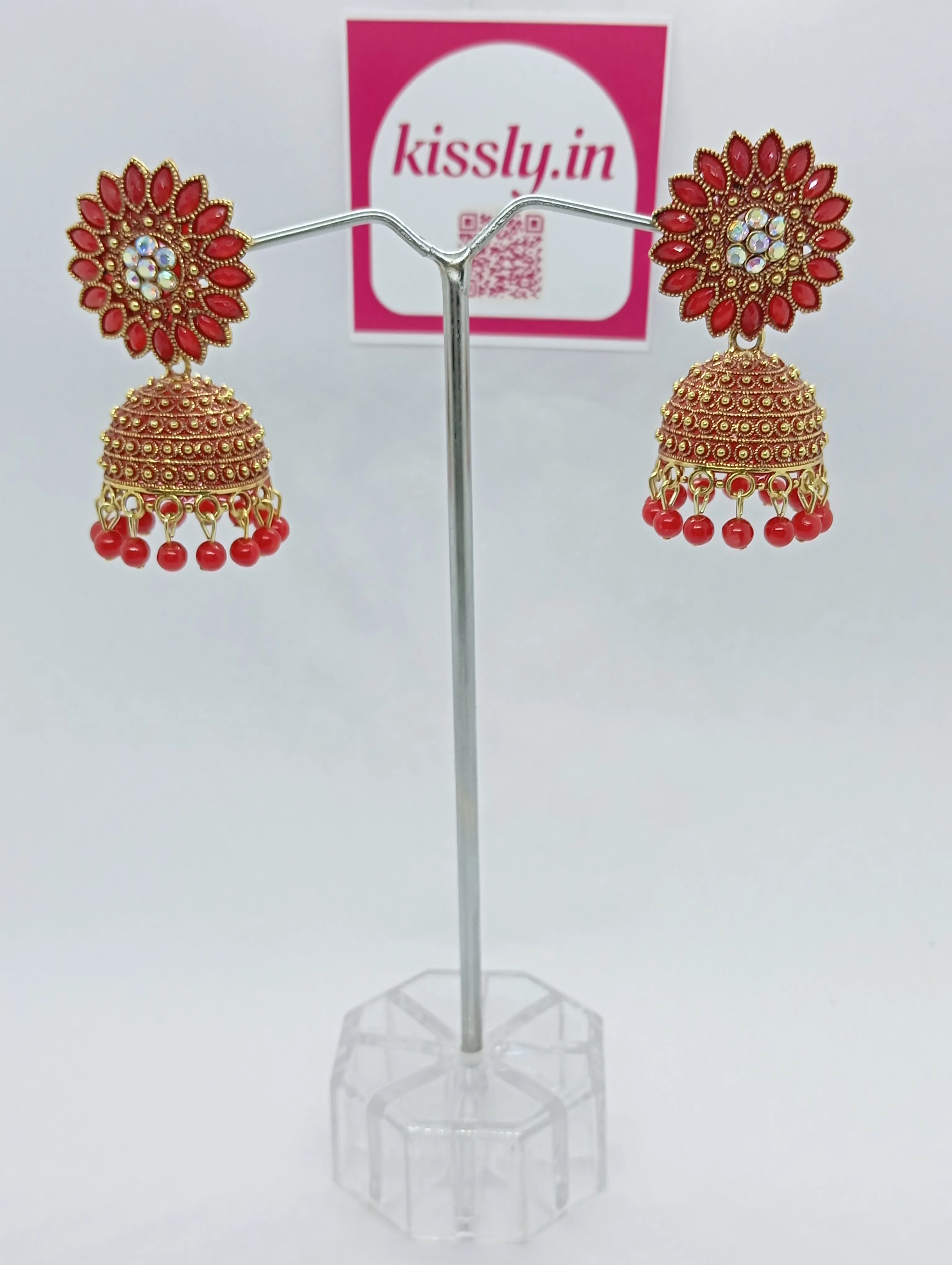 Red Floral Jhumka Earrings