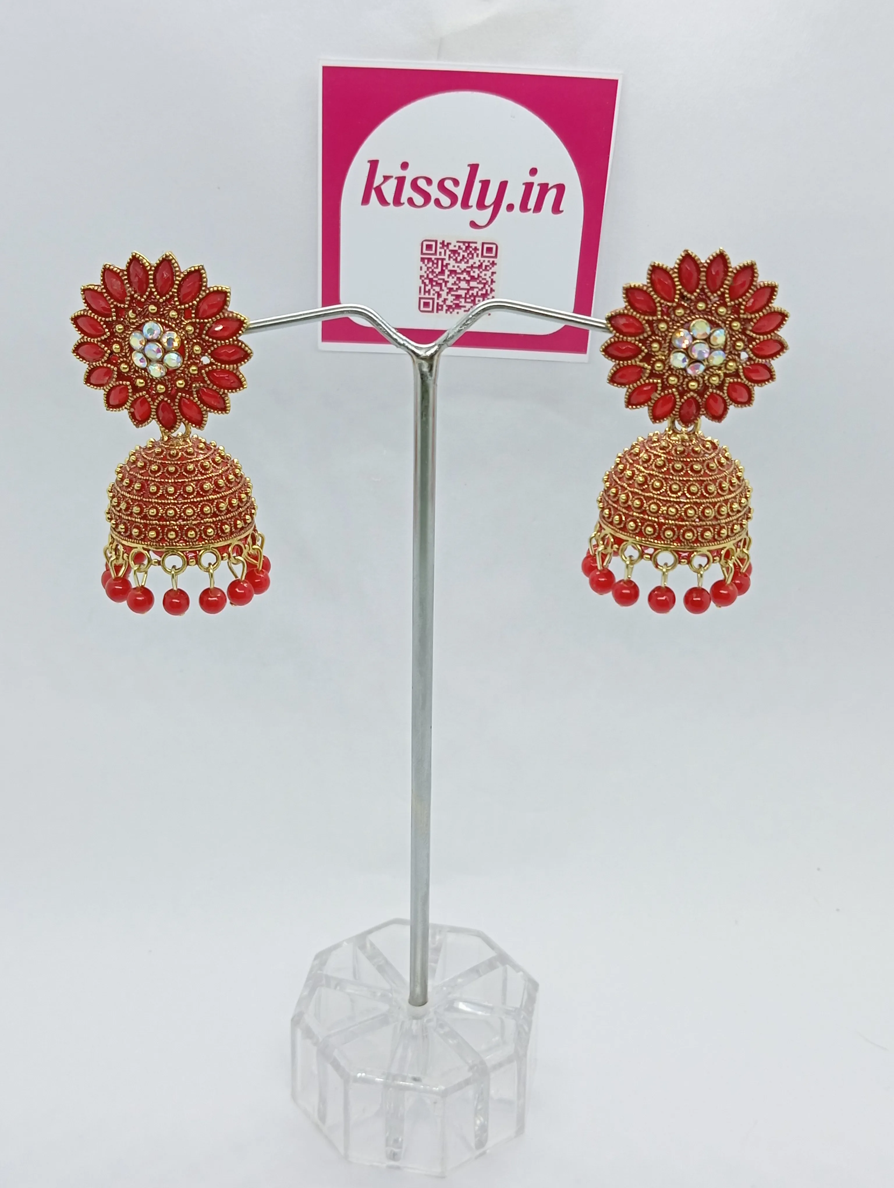 Red Floral Jhumka Earrings