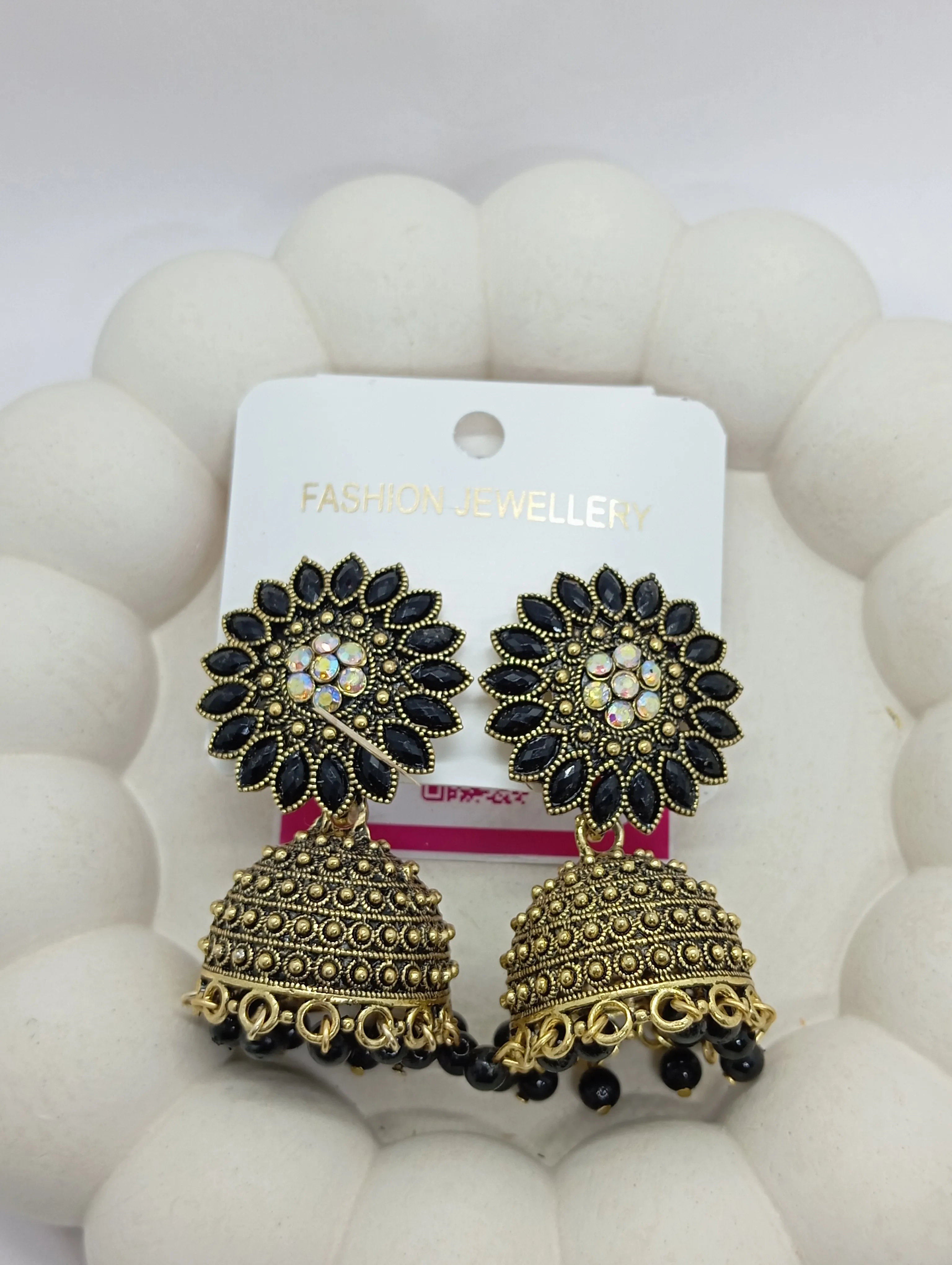 Black Floral Jhumka Earrings