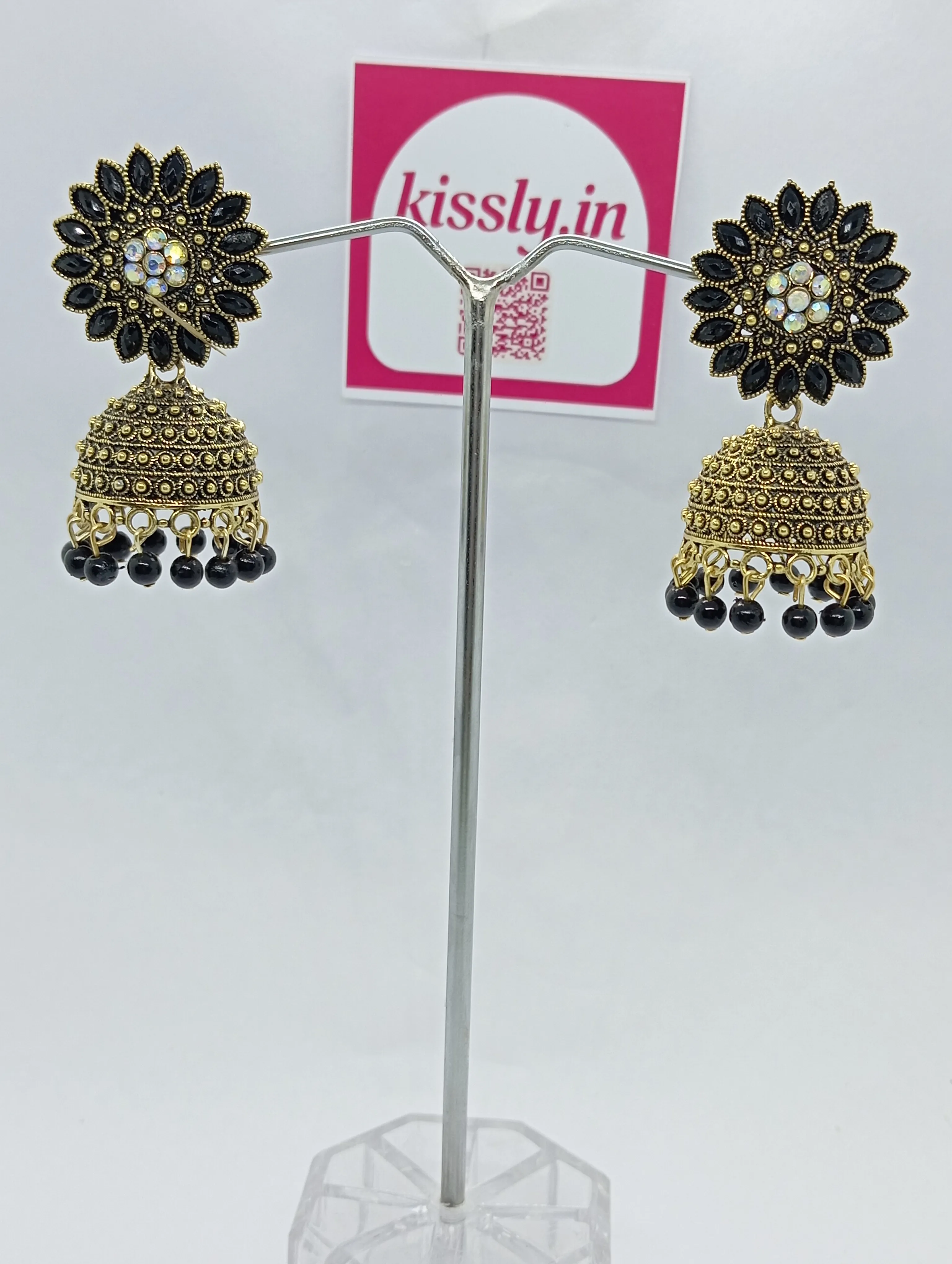 Black Floral Jhumka Earrings