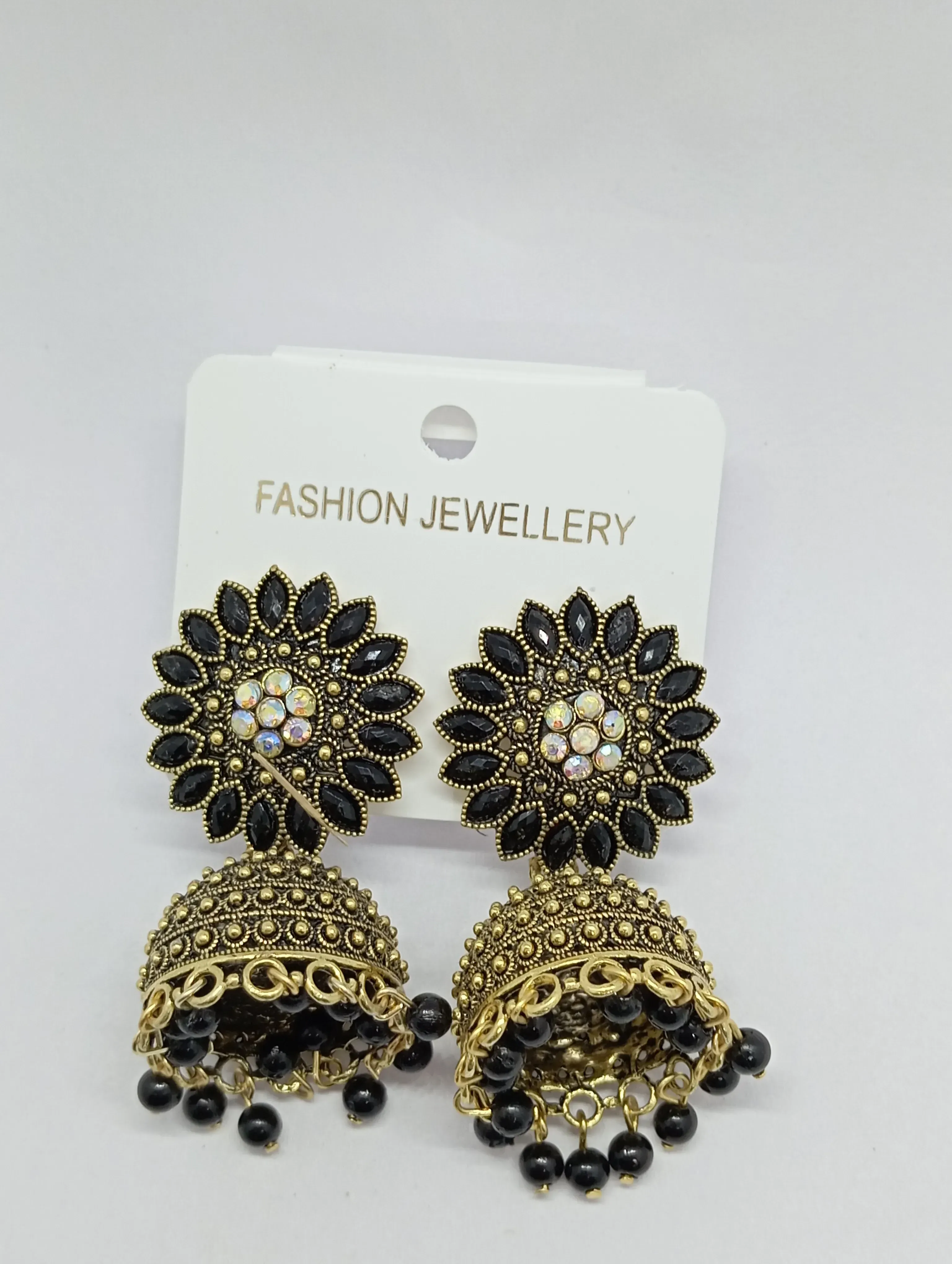 Black Floral Jhumka Earrings