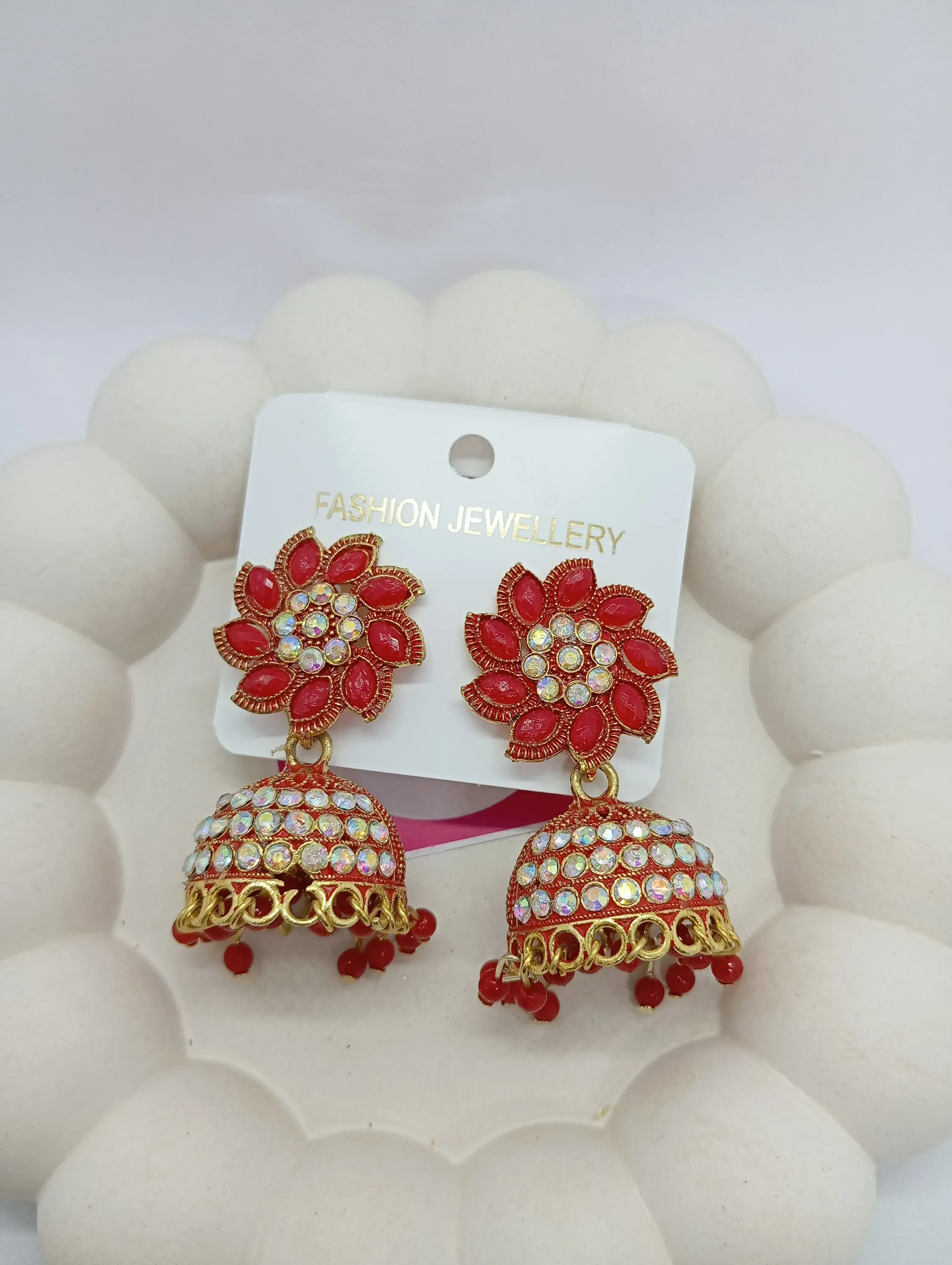 Red Stone Studded Jhumka Earrings