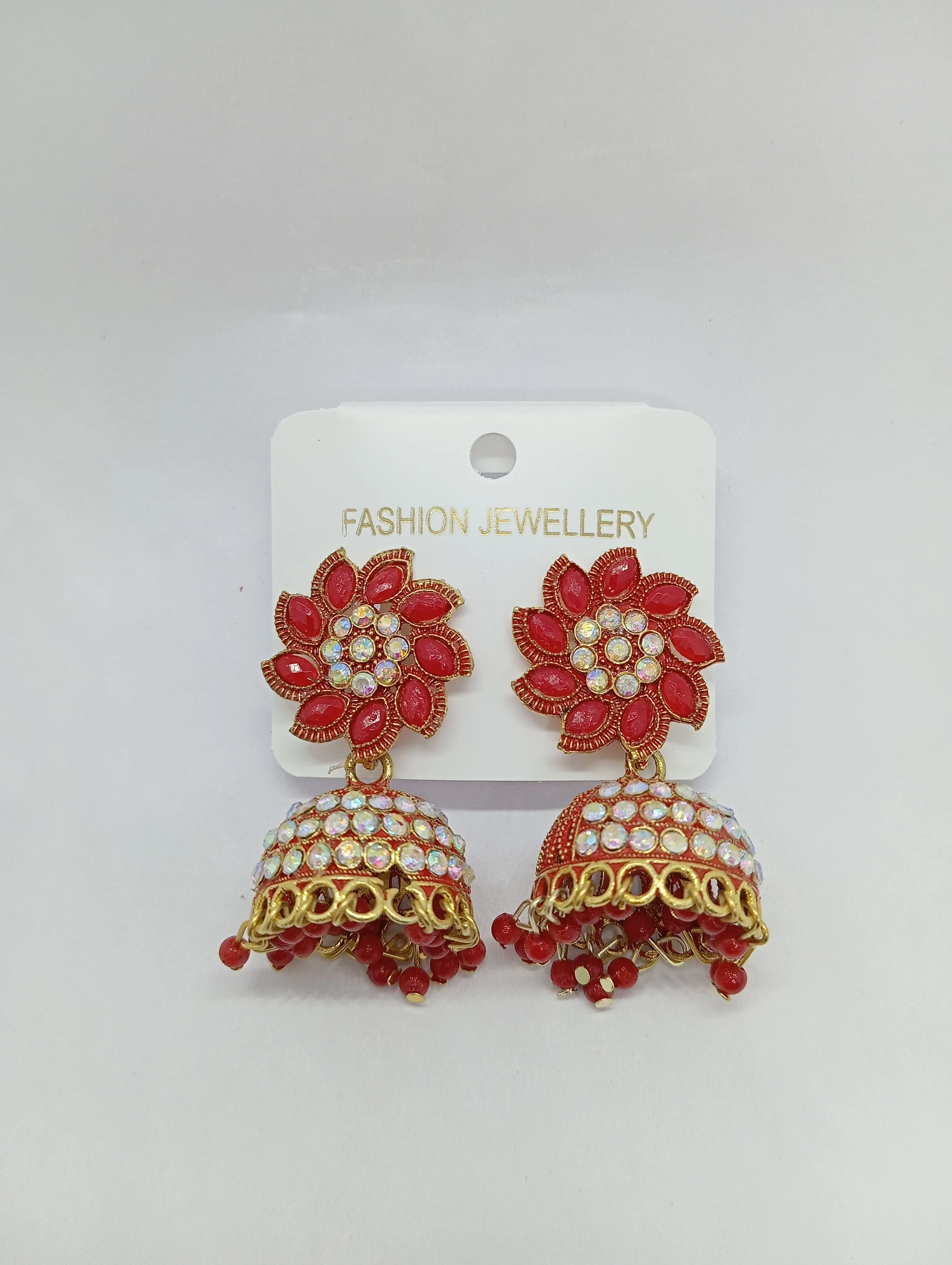 Red Stone Studded Jhumka Earrings