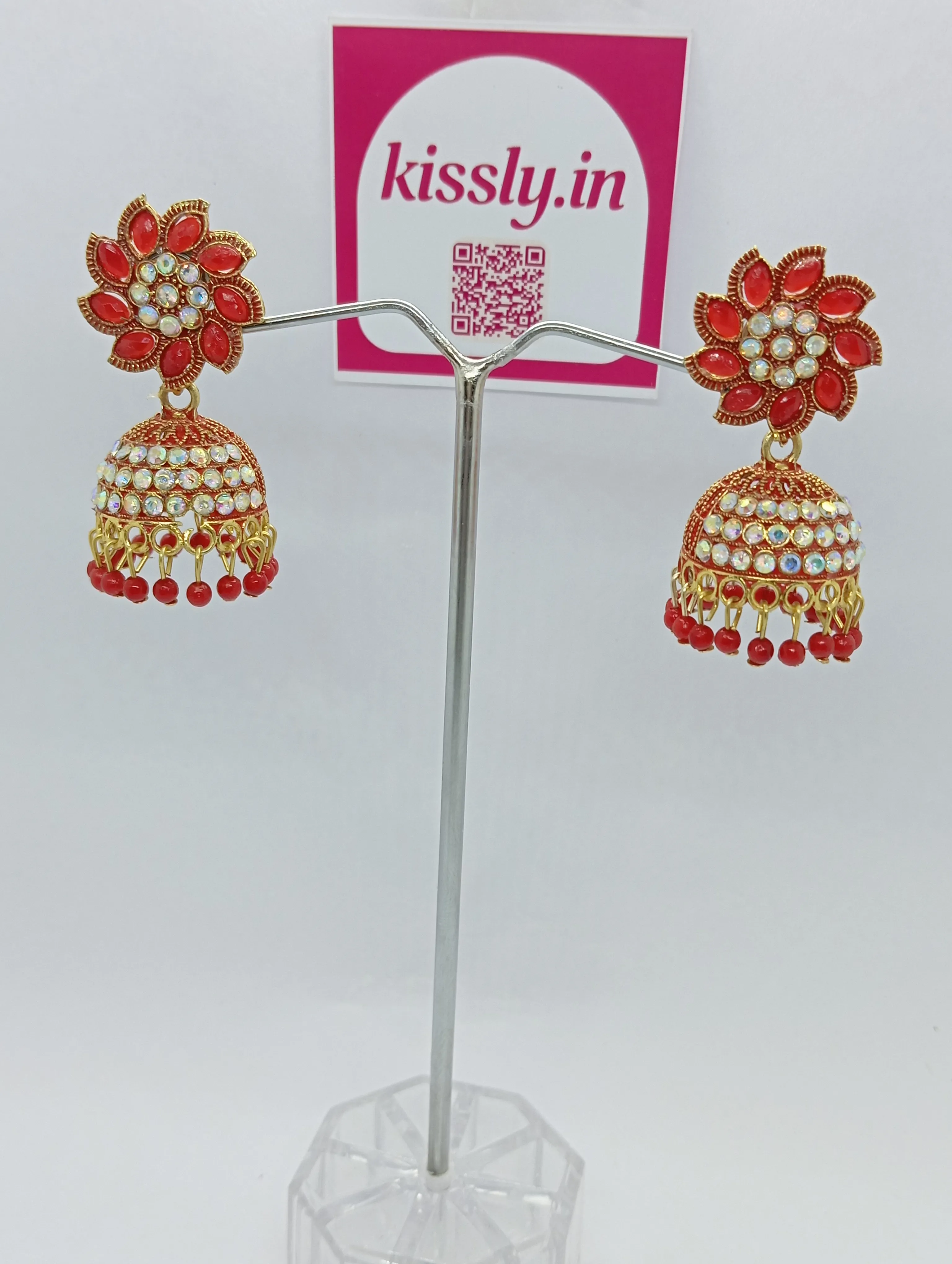 Red Stone Studded Jhumka Earrings