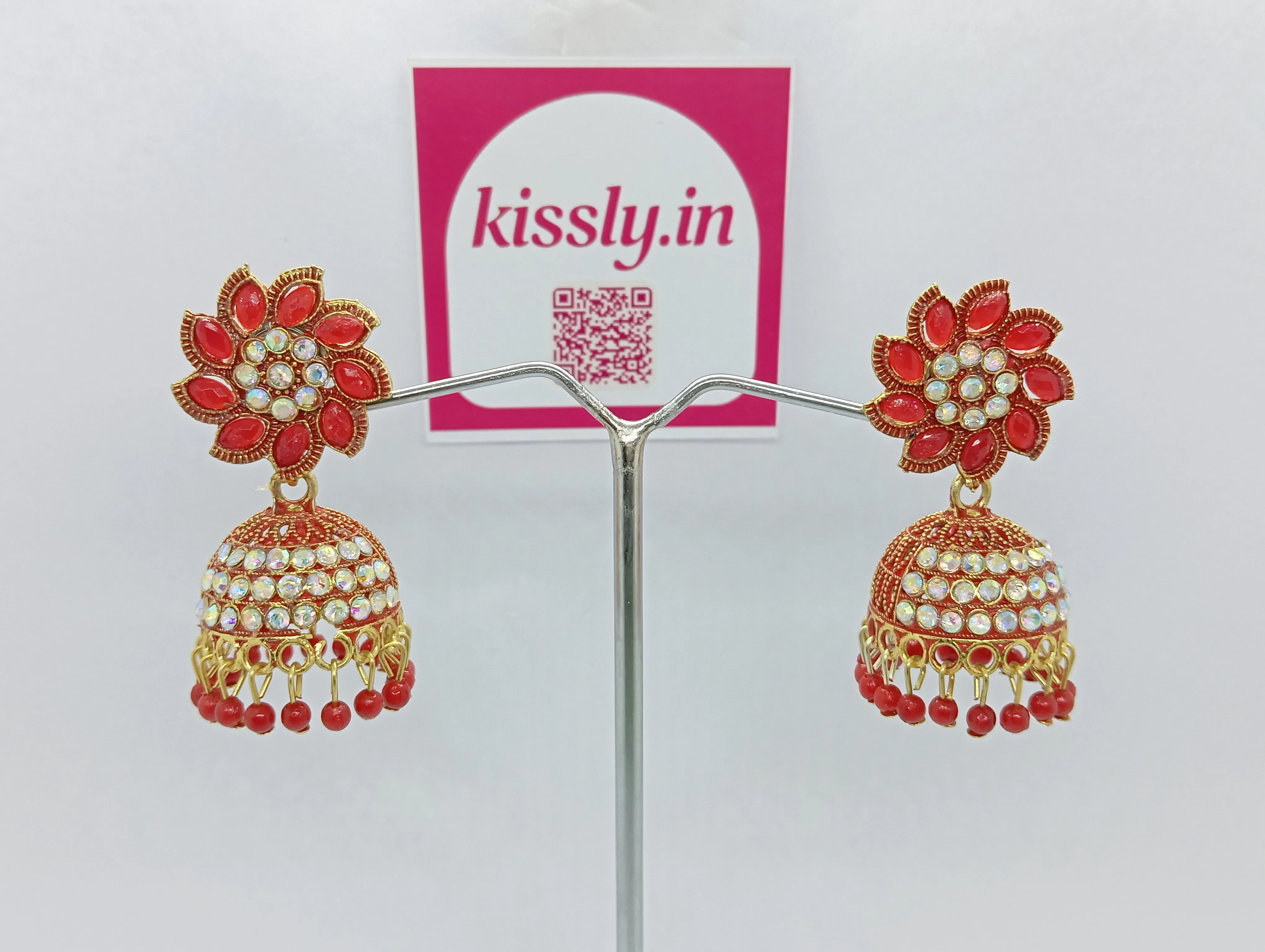 Red Stone Studded Jhumka Earrings